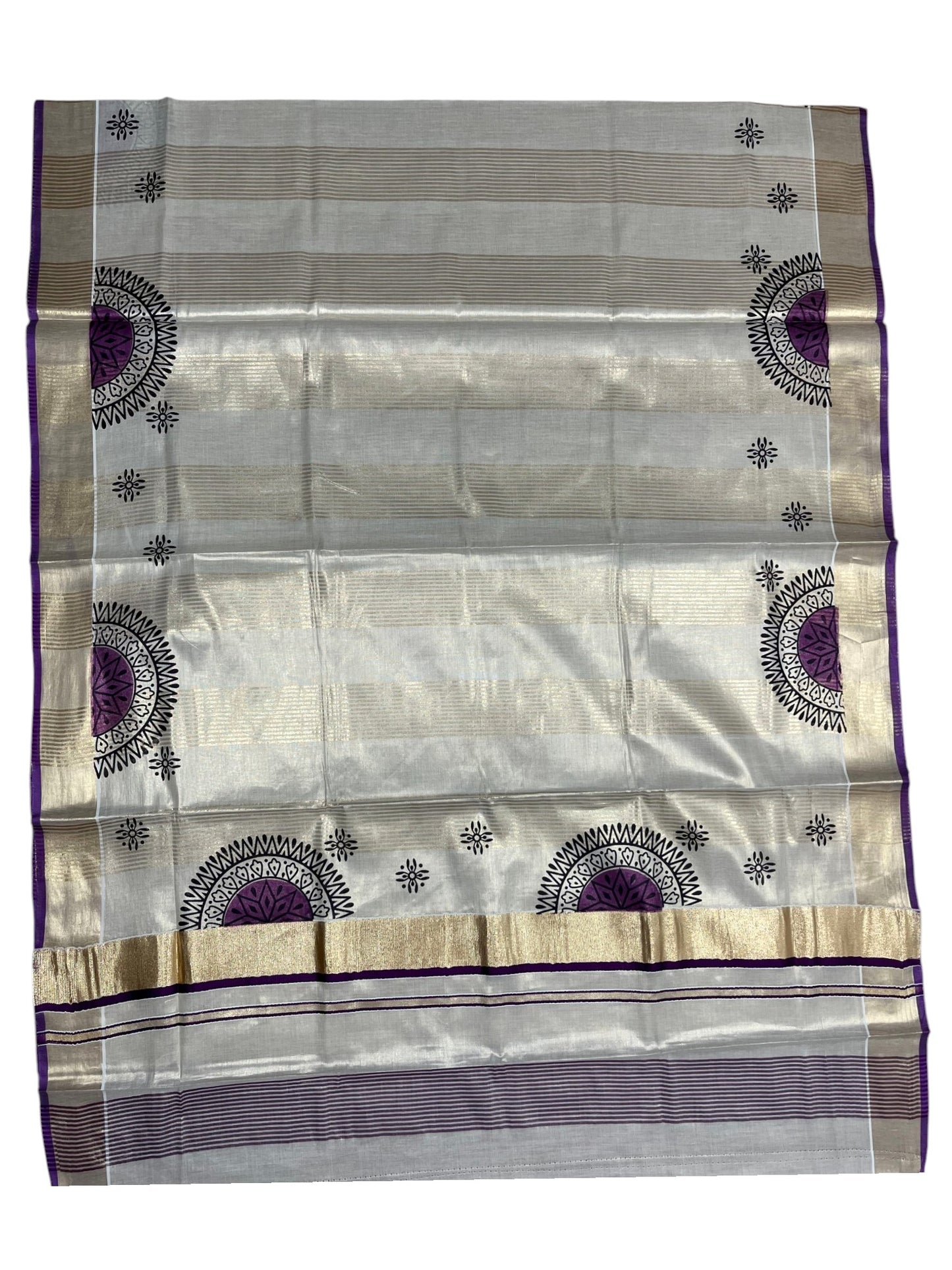 Southloom Tissue Kerala Kasavu Saree with Block Print on Body and Borders in Purple