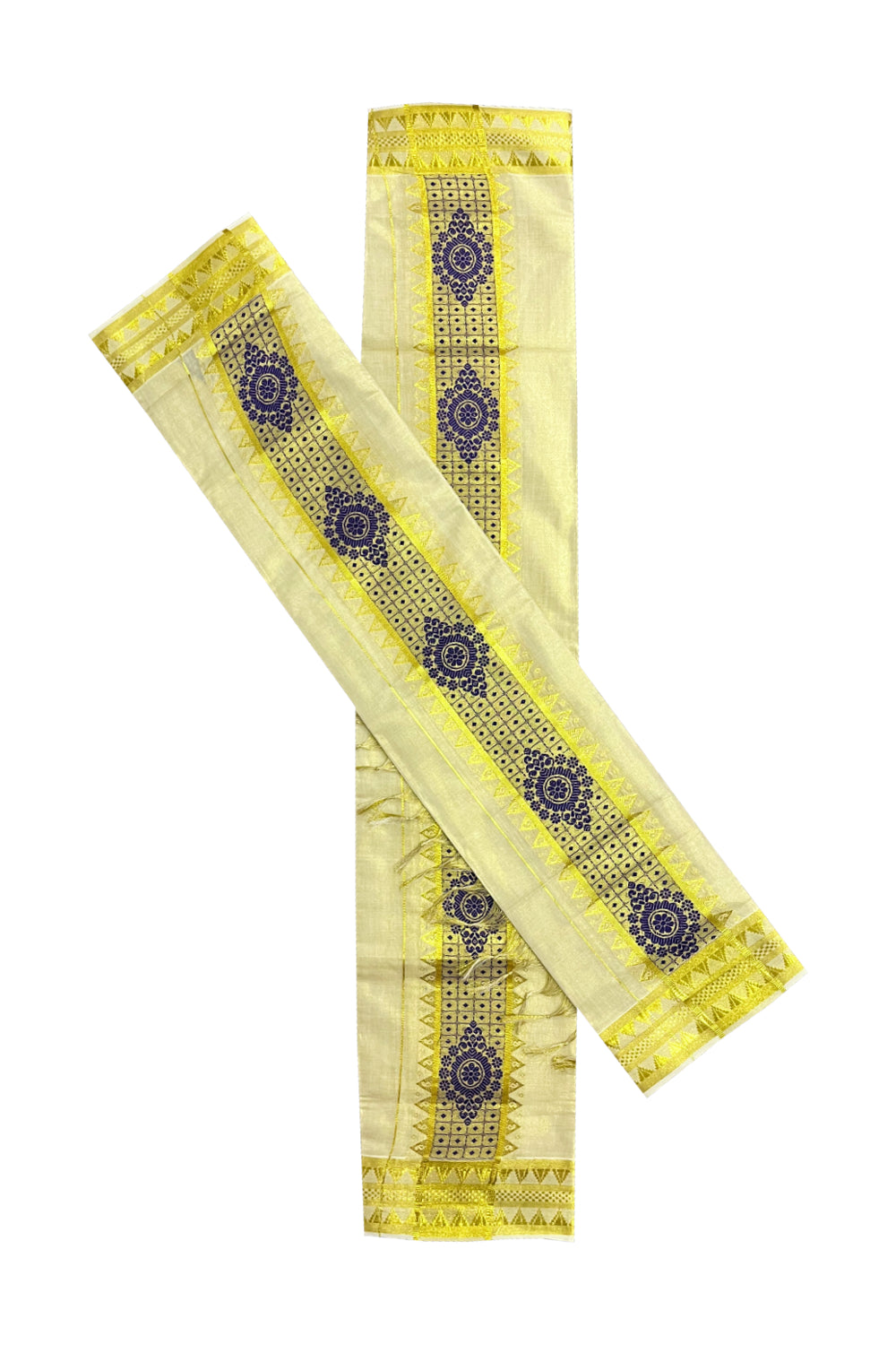 Kerala Tissue Single Set Mundu (Mundum Neriyathum) with Violet Woven Floral Designs 2.80 Mtrs (Vishu 2024 Collection)