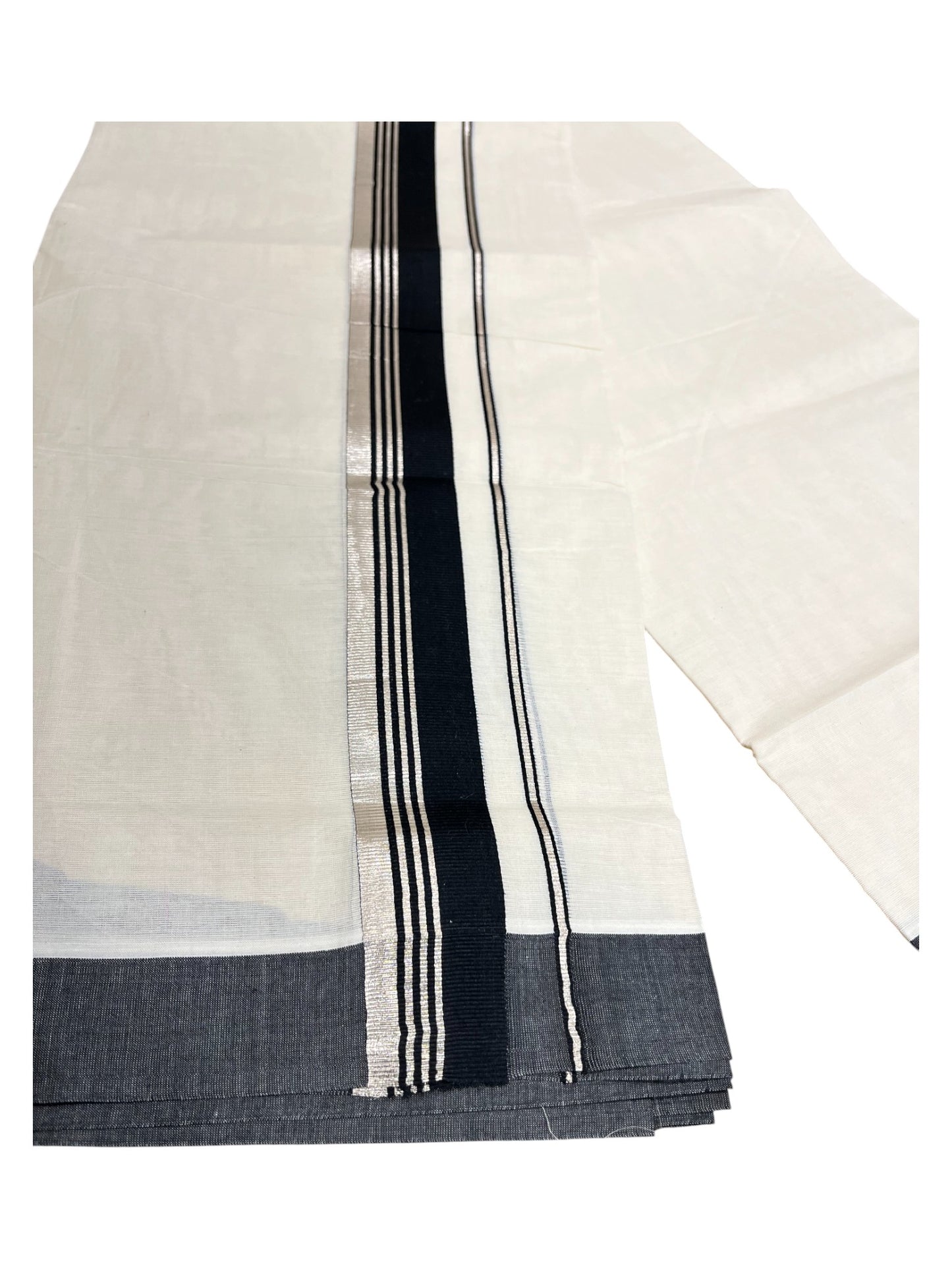 Southloom Pure Cotton  Double Mundu With Silver Kasavu &  Black Border (South Indian Kerala Dhoti)