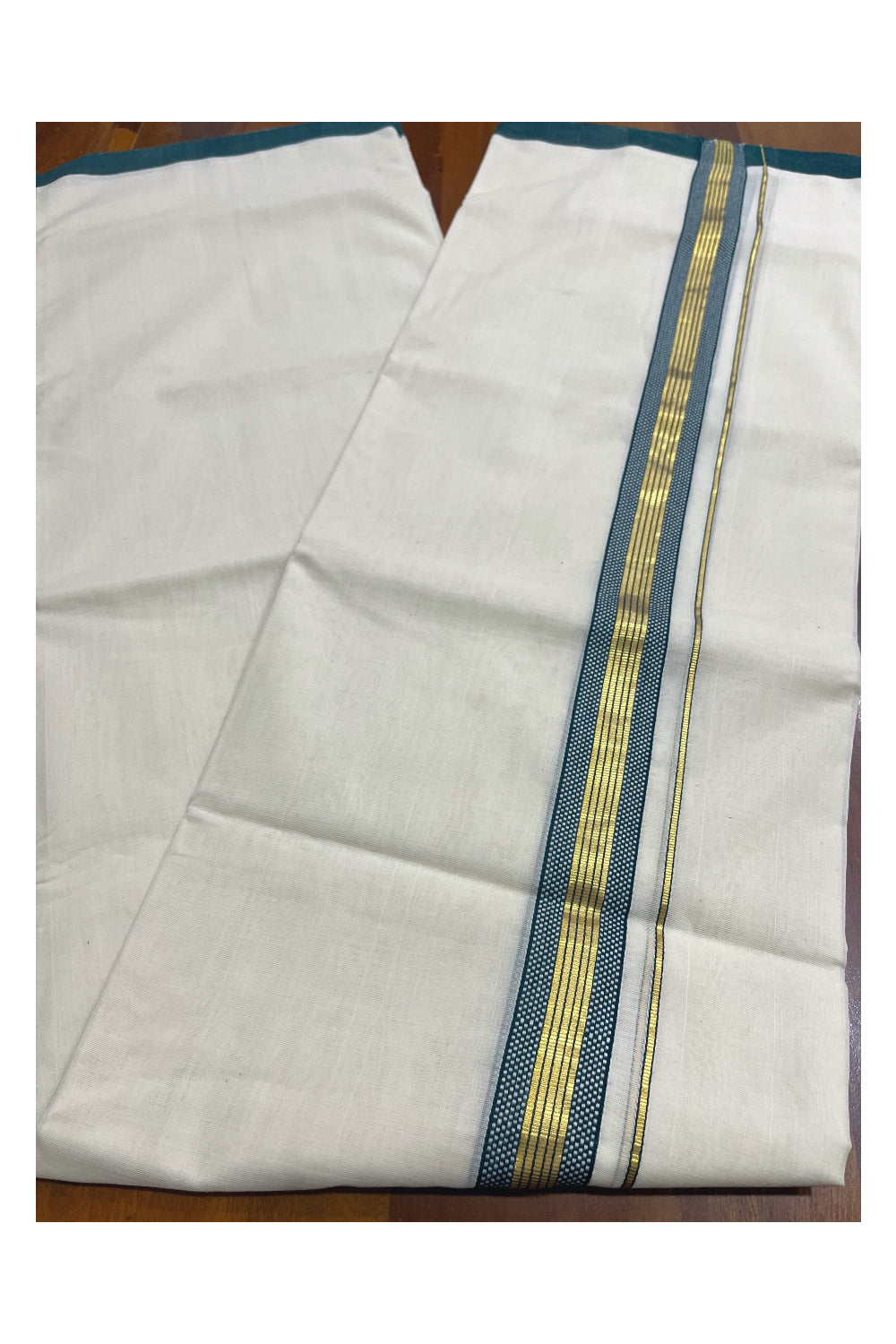 Premium Balaramapuram Handloom Unakkupaavu Cotton Double Mundu with Kasavu and Green Design Border (Vishu 2024 Collection)