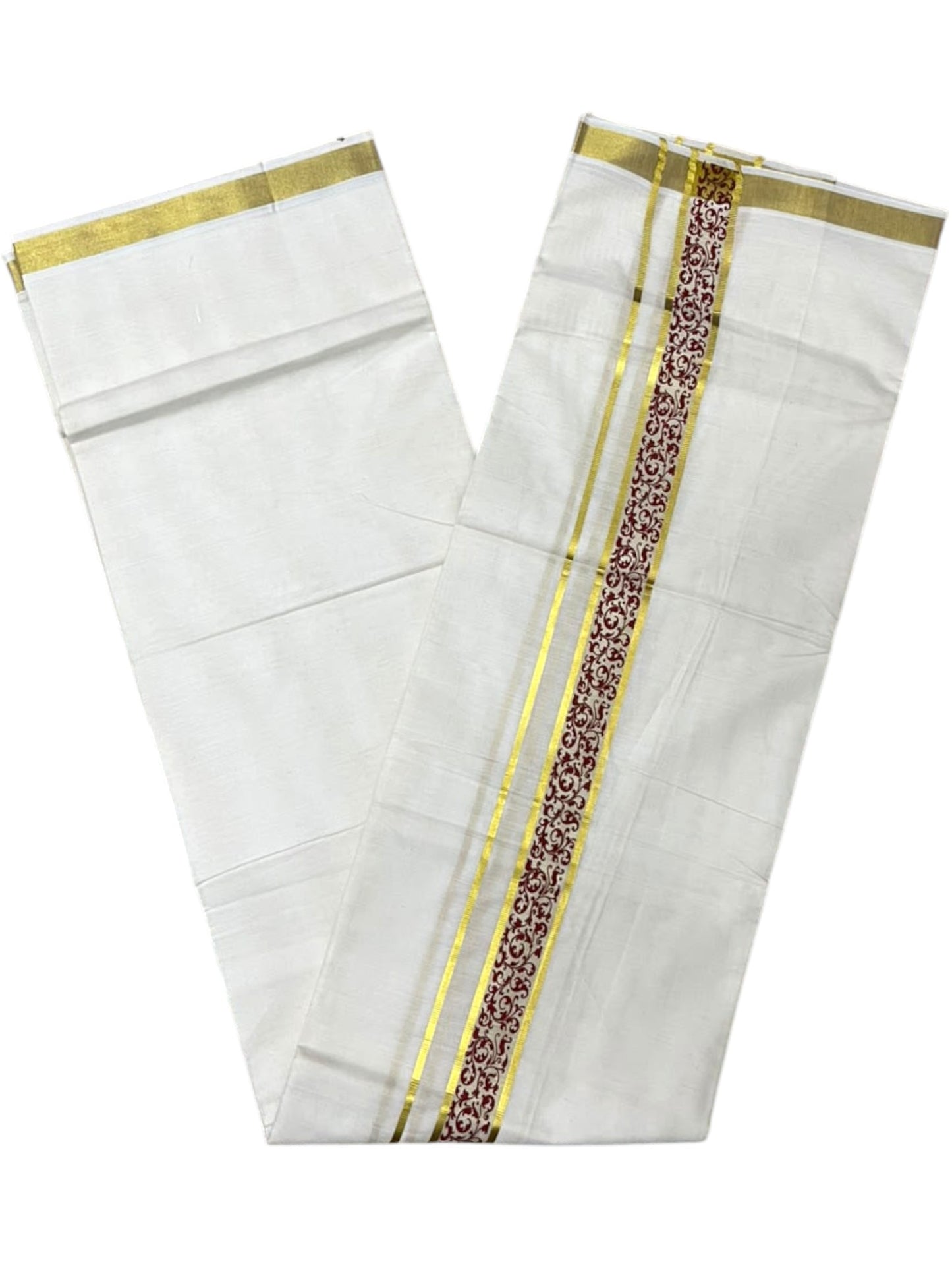 Southloom Pure Cotton Double Mundu with Maroon Block Printed And Ksavu Border (South Indian Kerala Dhoti)