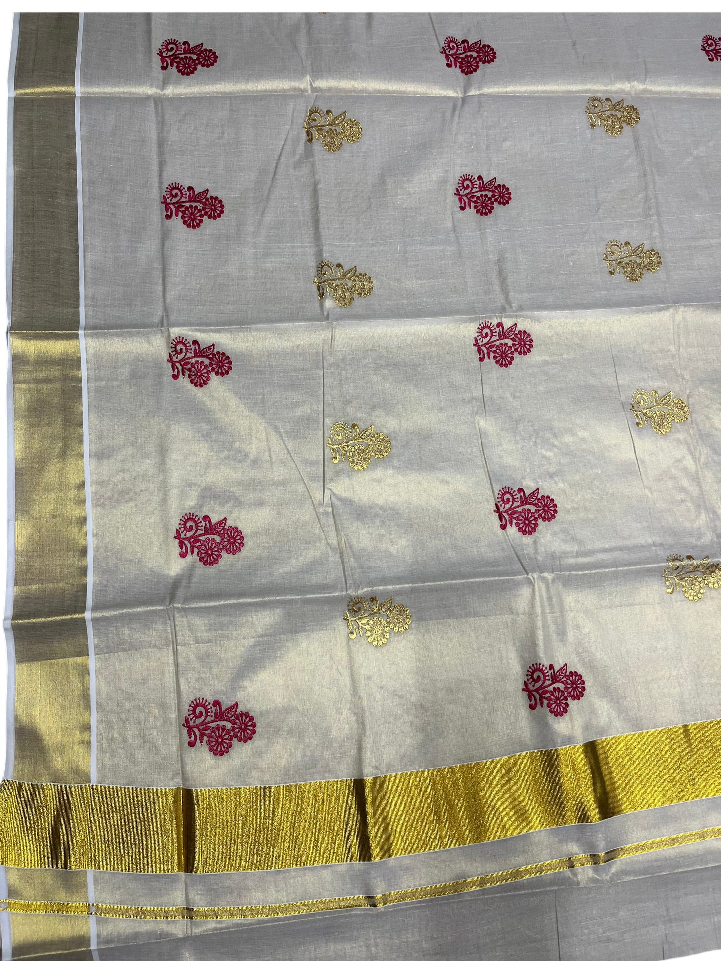 Southloom Kerala Tissue Kasavu Saree with Gold And Red Floral Embroidery Work on Body