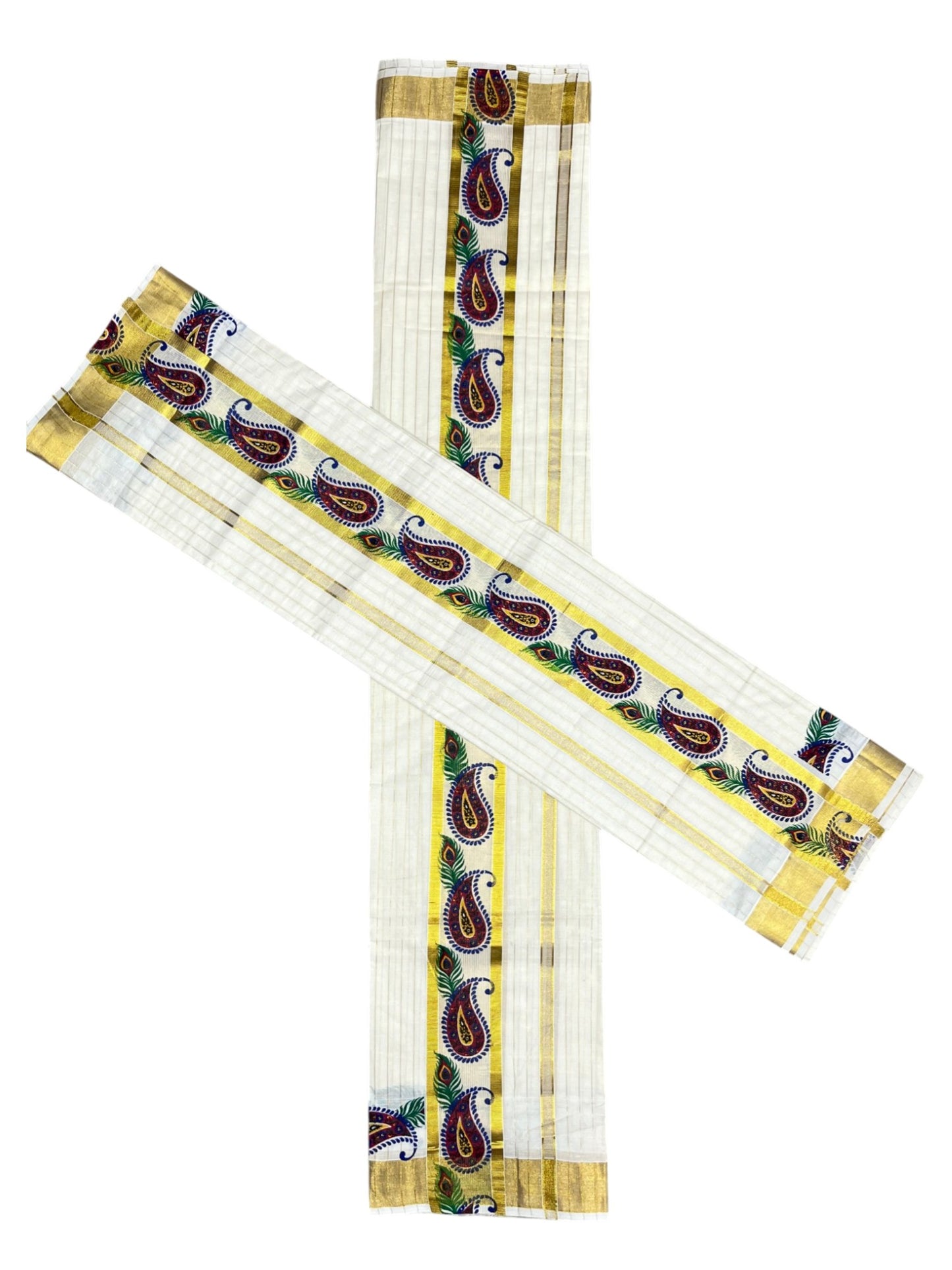 Southloom  Cotton Lines Single Set Mundu (Mundu Neriyathum) Floral Digital Print With Gold Border Kasavu in 2.80 Mtrs