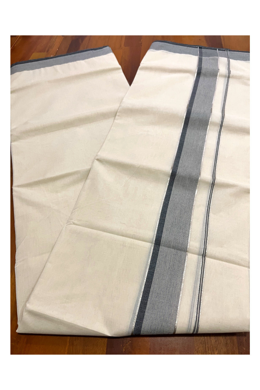 Pure Cotton 100x100 Double Mundu with Silver Kasavu and Black Line Border (South Indian Kerala Dhoti)