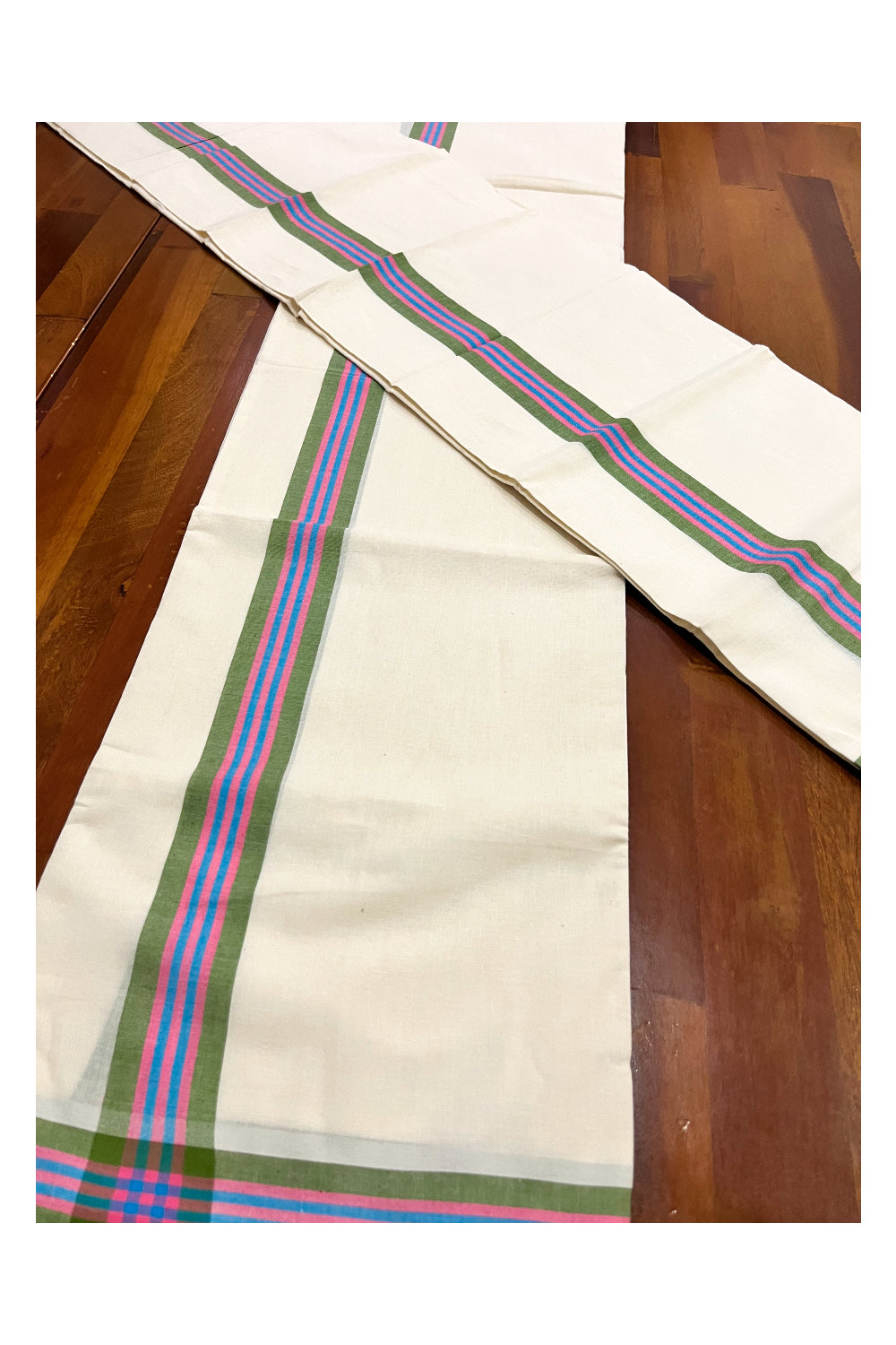 Kerala Mulloth Cotton Single Mundum Neriyathum with Green Pink Border (Extra Soft Cotton)