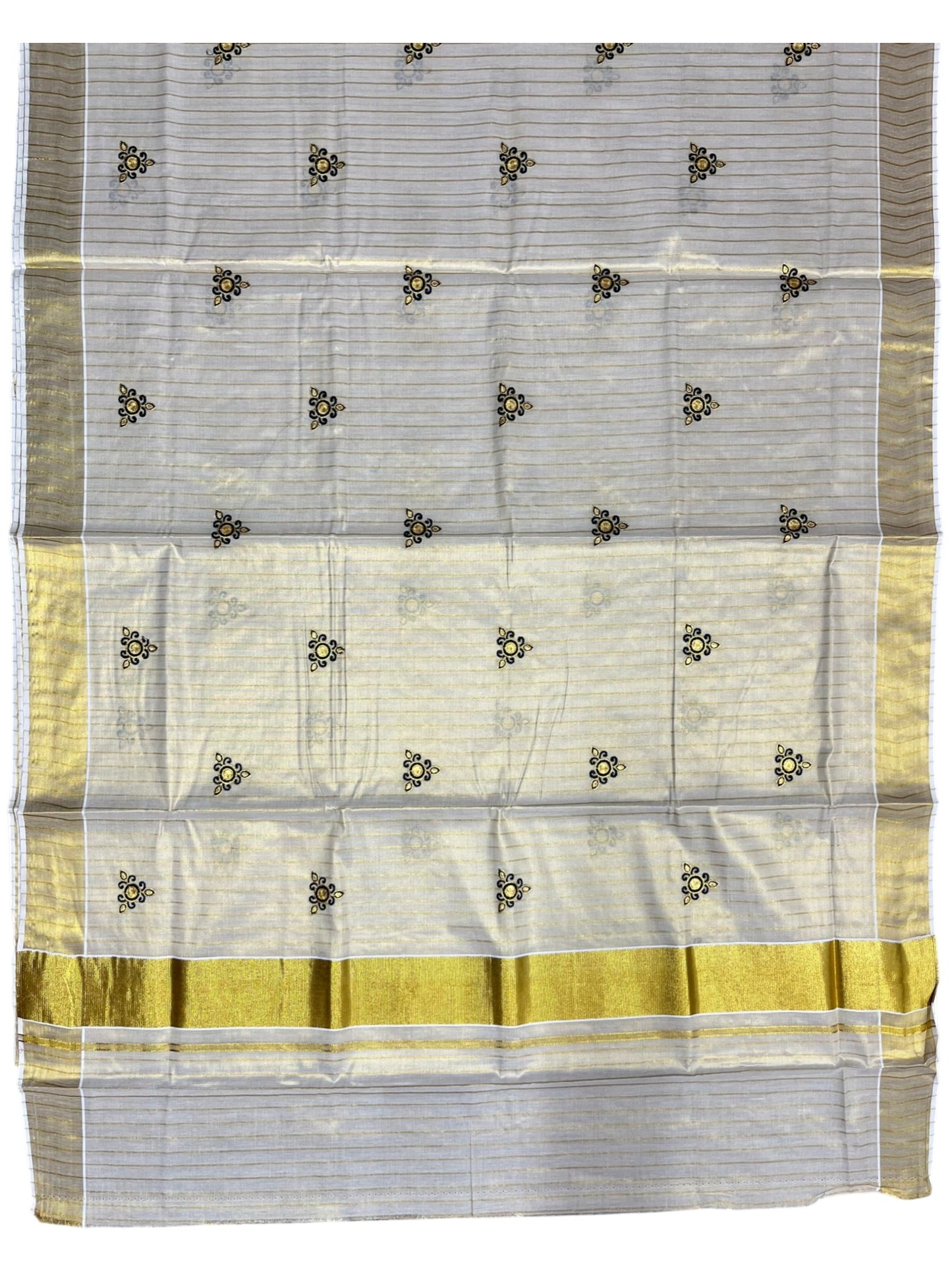 Southloom Tissue Kerala Kasavu Stripes Saree with Floral Embroidery Design in Black SL363