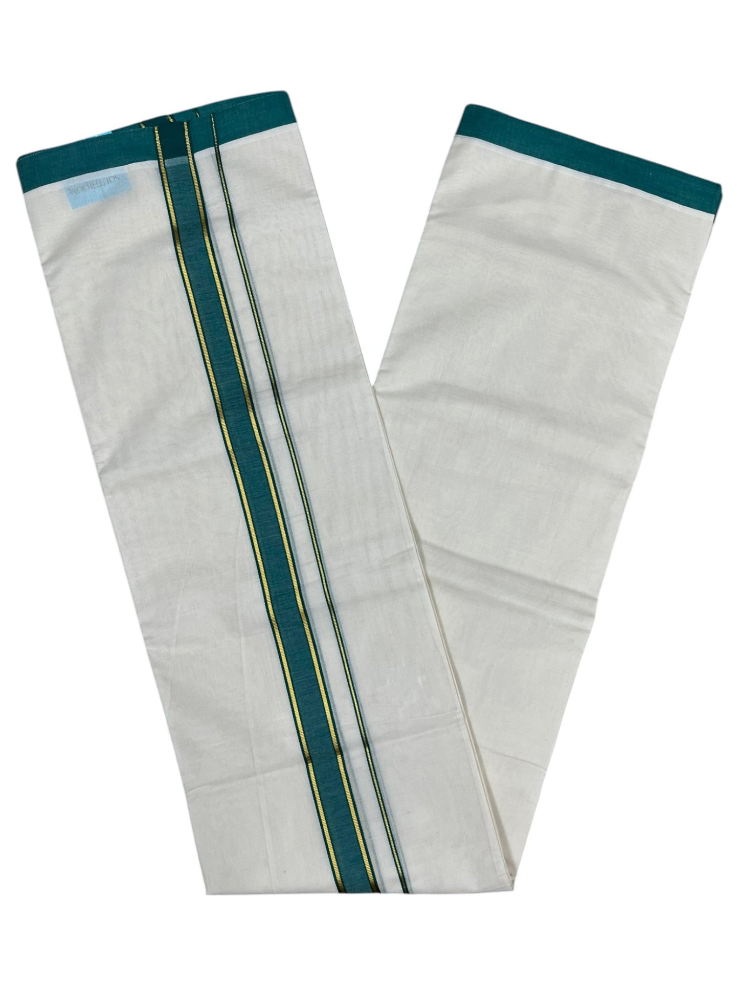 Southloom Pure Cotton Mundu with Gold Lines and Green Border (South Indian Kerala Dhoti)