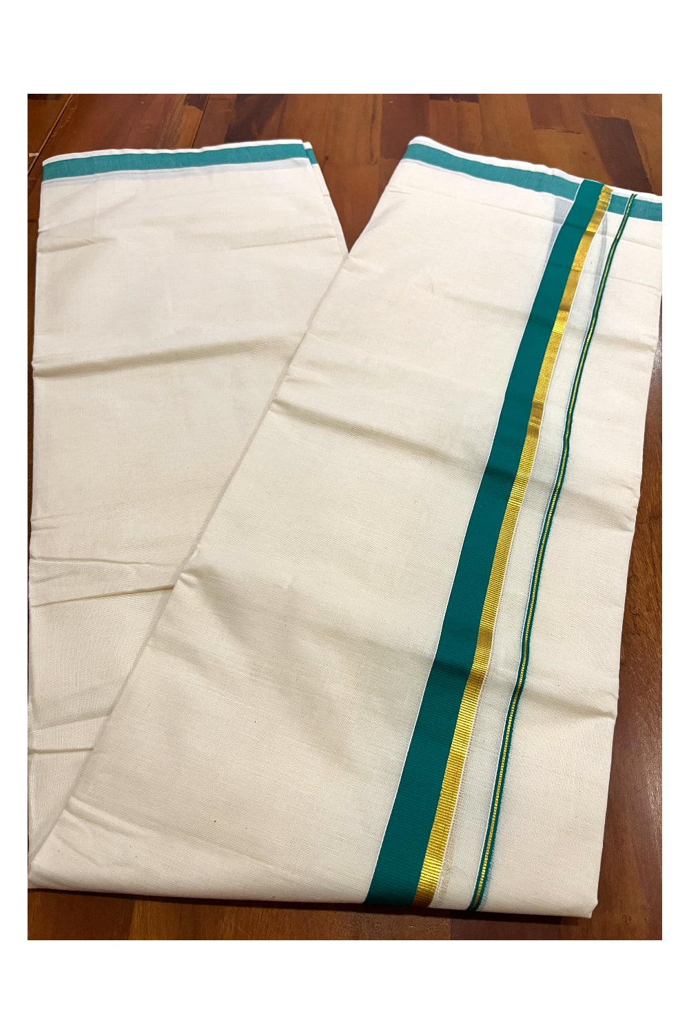 Pure Cotton Mundu with Green and Kasavu Border (South Indian Kerala Dhoti)