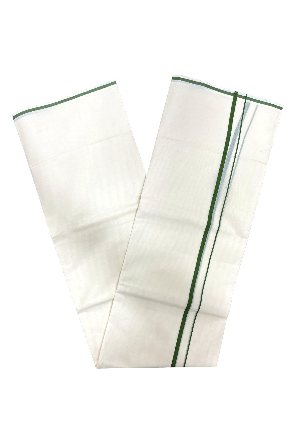 Pure Cotton Double Mundu with 0.5 inch Olive Green Border (South Indian Kerala Dhoti)