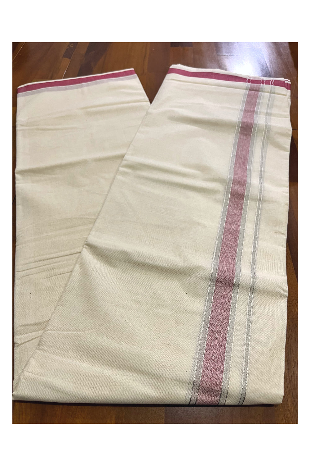 Pure Cotton Kerala Double Mundu with Silver Kasavu and Maroon Border (South Indian Kerala Dhoti)