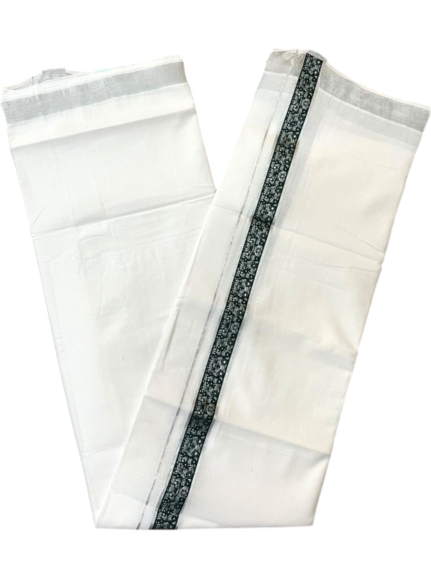 Southloom Pure White Cotton Mundu with Dark Green and Silver Kasavu Border (South Indian Kerala Dhoti)