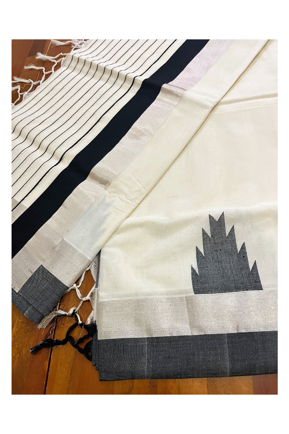 Southloom™ Premium Handloom Kerala Saree with Silver Kasavu and Black Temple Border