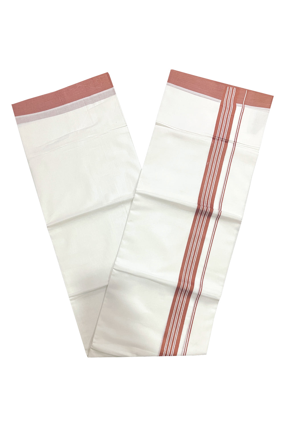 Pure White Cotton Double Mundu with Dark Orange Lines Border (South Indian Kerala Dhoti)