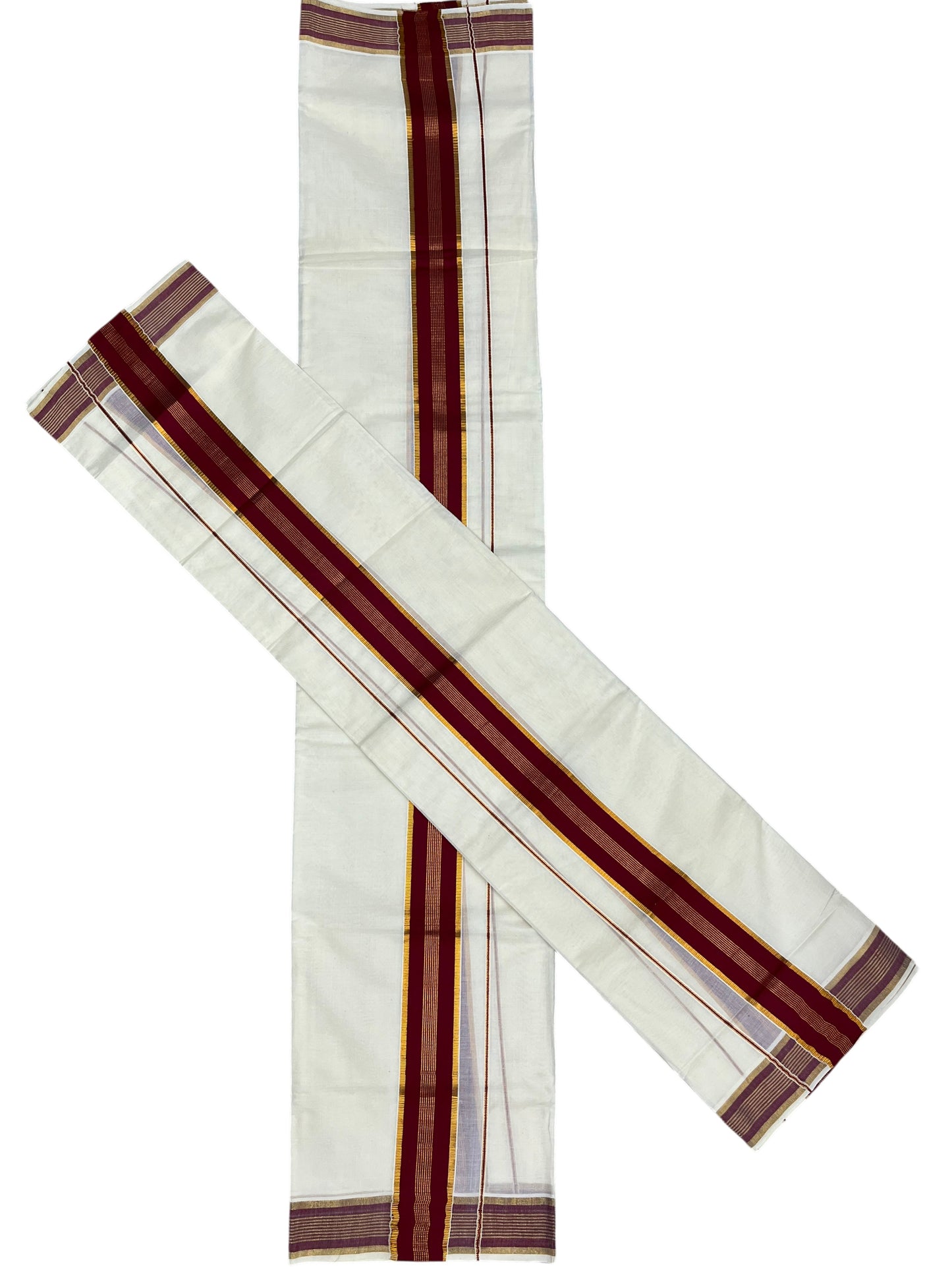 Southloom Kerala Cotton  Set Mundu (Mundum Neriyathum) with Kasavu and Maroon Border 2.80Mtrs