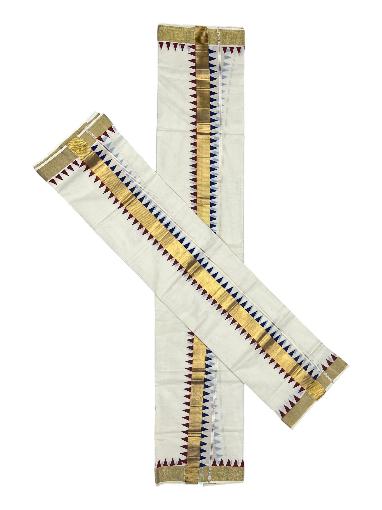 Southloom Kerala Cotton Kasavu Single Set Mundu (Mundum Neriyathum) with Maroon And Blue Temple Design Border SLKK