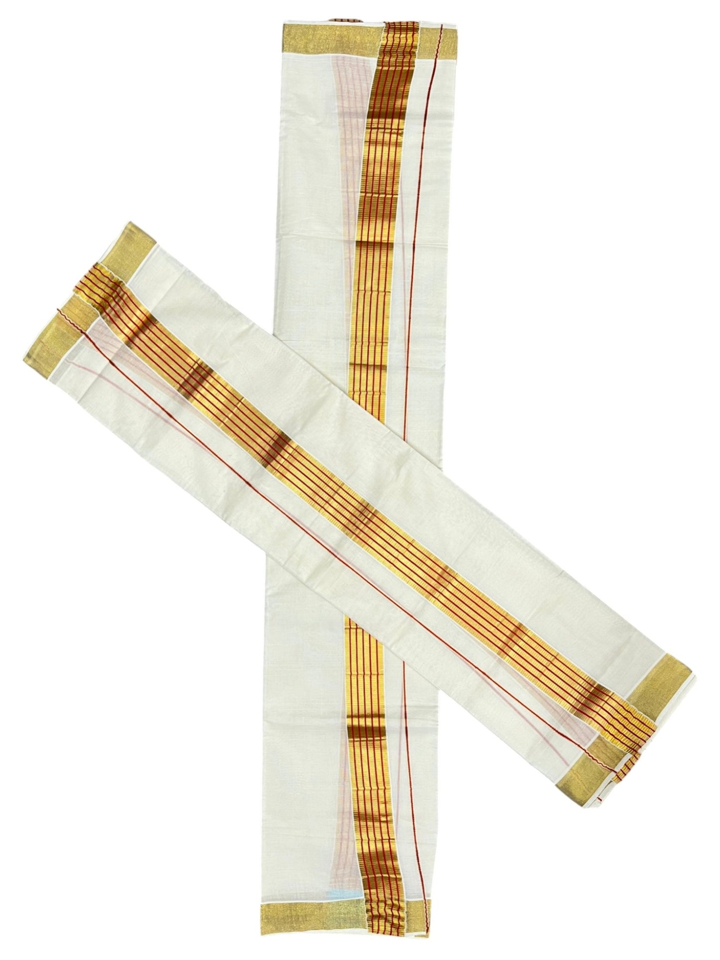 Southloom Pure Cotton Kerala Kasavu Single Set Mundu (Mundum Neriyathum) with Orange and Kasavu Border