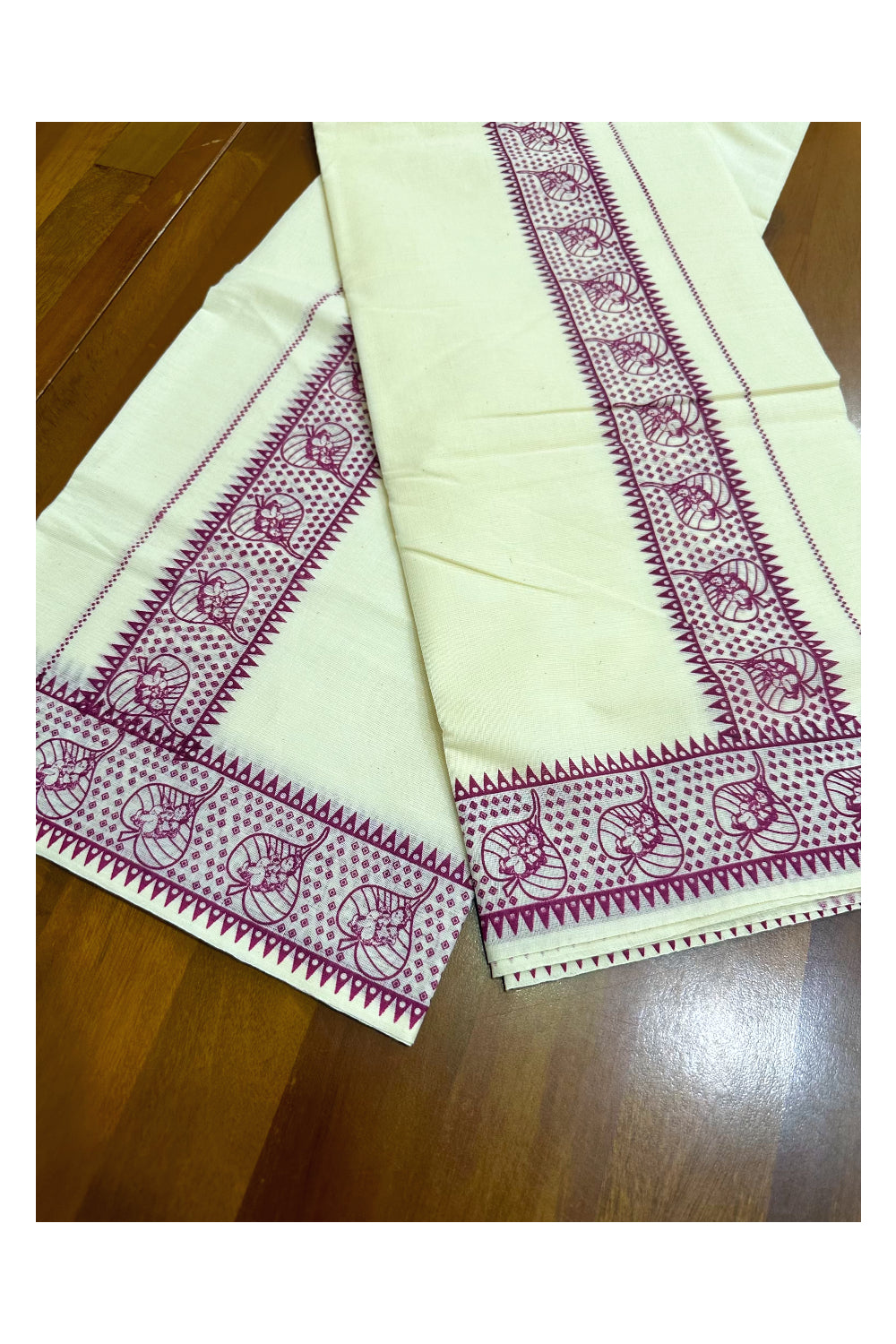 Pure Cotton Kerala Set Mundu with Magenta Block Printed Border