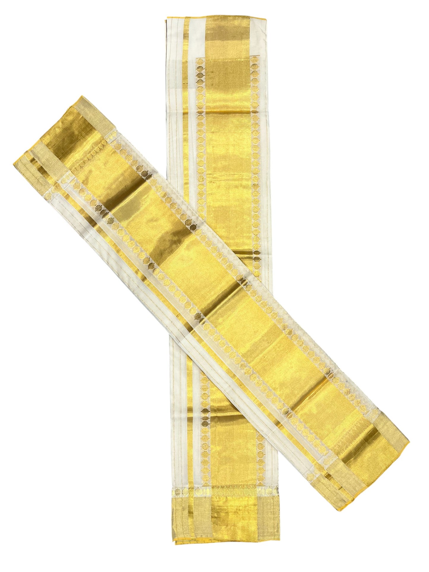 Southloom Handloom Premium Cotton Kasavu Stripes Set Mundu With Polka Woven Patterns On Border (Mundum Neriyathum) 2.80 Mtrs