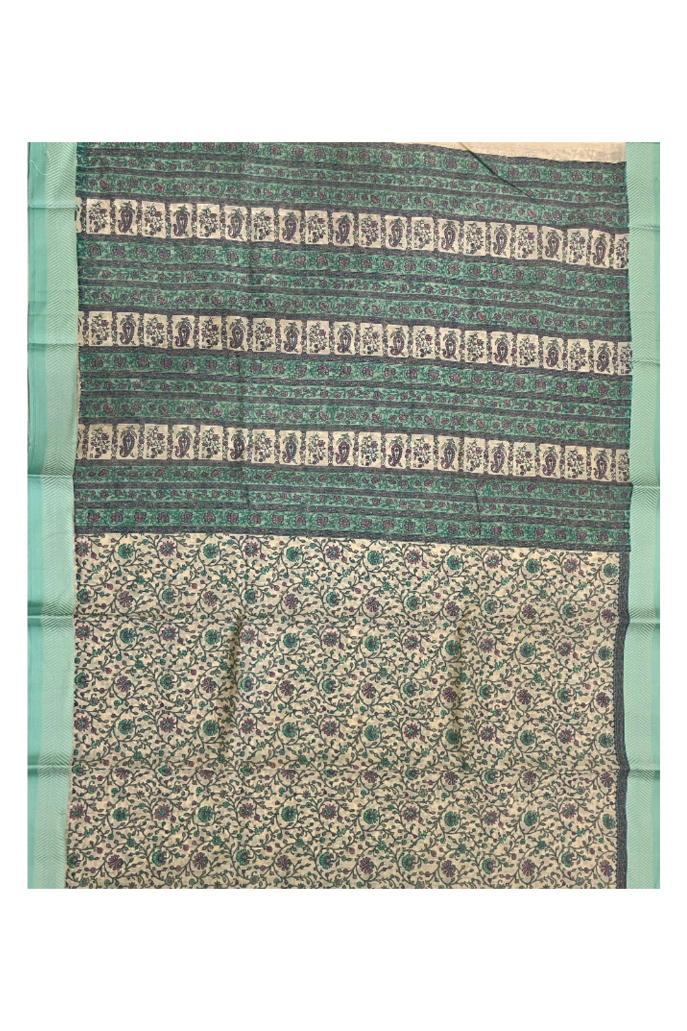 Southloom Cotton Floral Printed Saree with Green Border