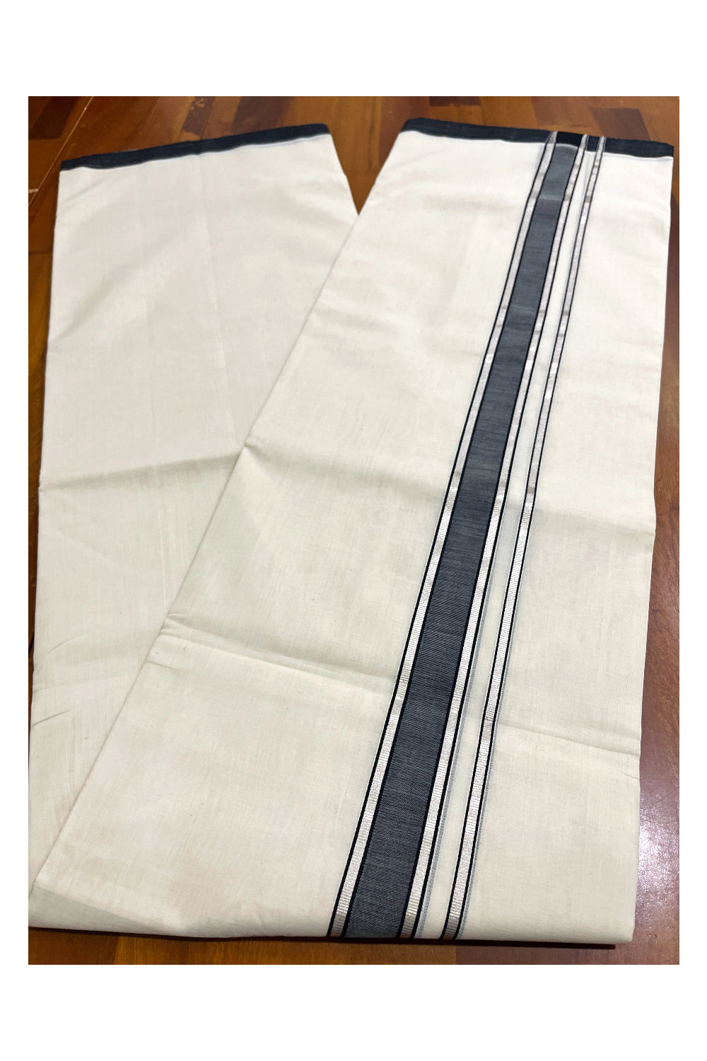 Premium Balaramapuram Handloom Unakkupaavu Cotton Double Mundu with Black and Silver Kasavu Border (Vishu 2024 Collection)