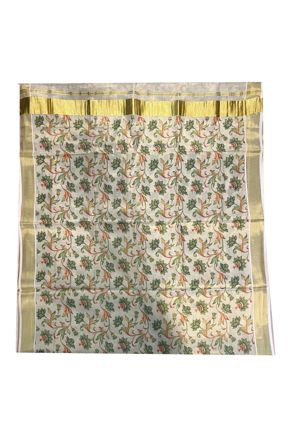 Kerala Tissue Kasavu Saree with Green Floral Kalamkari Design