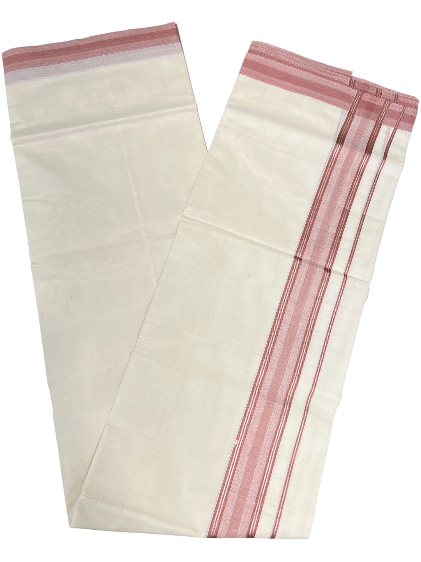 Southloom Kerala Pure Cotton Double Mundu with Peach Colour And Silver Lines Border (South Indian Dhoti)