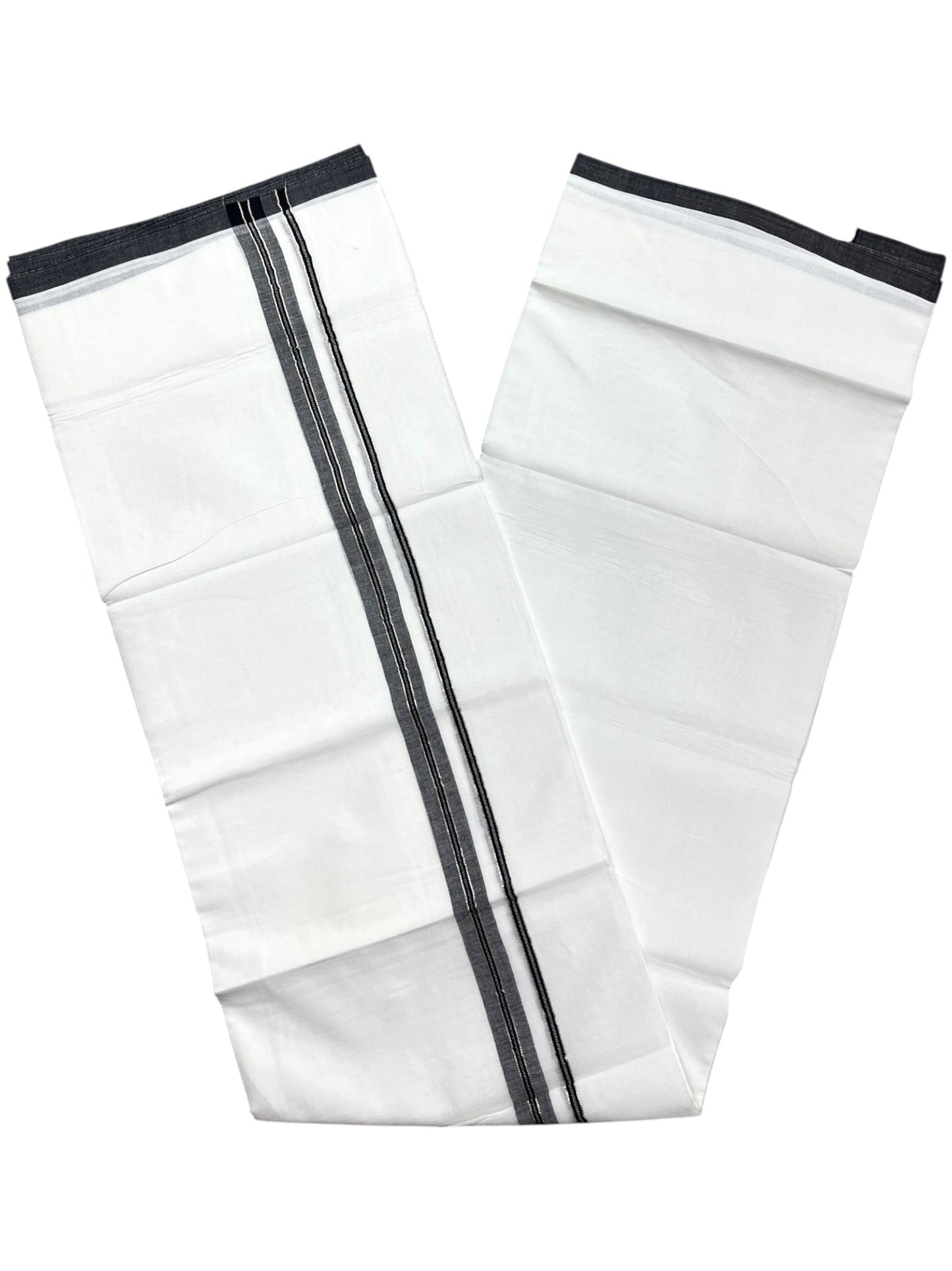 Southloom Pure White Cotton Mundu with Black & Silver Line Border (South Indian Kerala Dhoti)