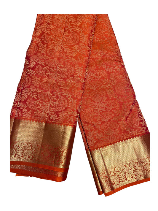 Southloom Pure Handloom Bridal Kanchipuram Silk Saree with Korvai Work (Orange)
