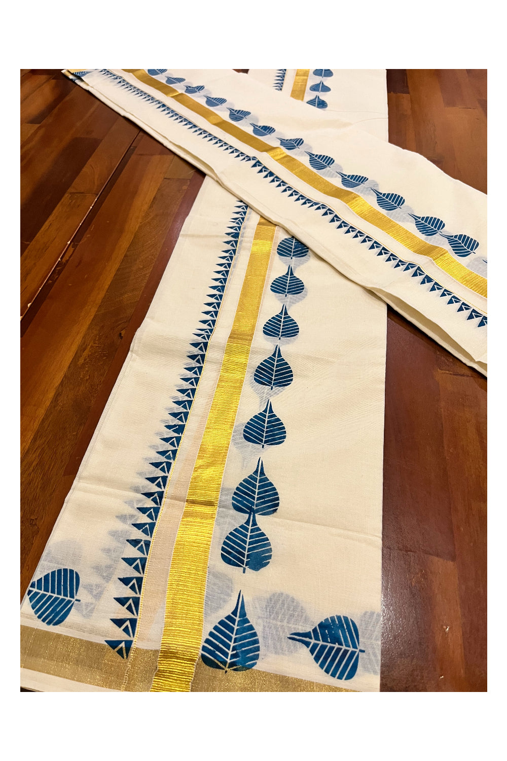 Kerala Pure Cotton Kasavu Set Mundu Single (Mundum Neriyathum) with Blue Block Prints and Temple Border 2.80 Mtrs