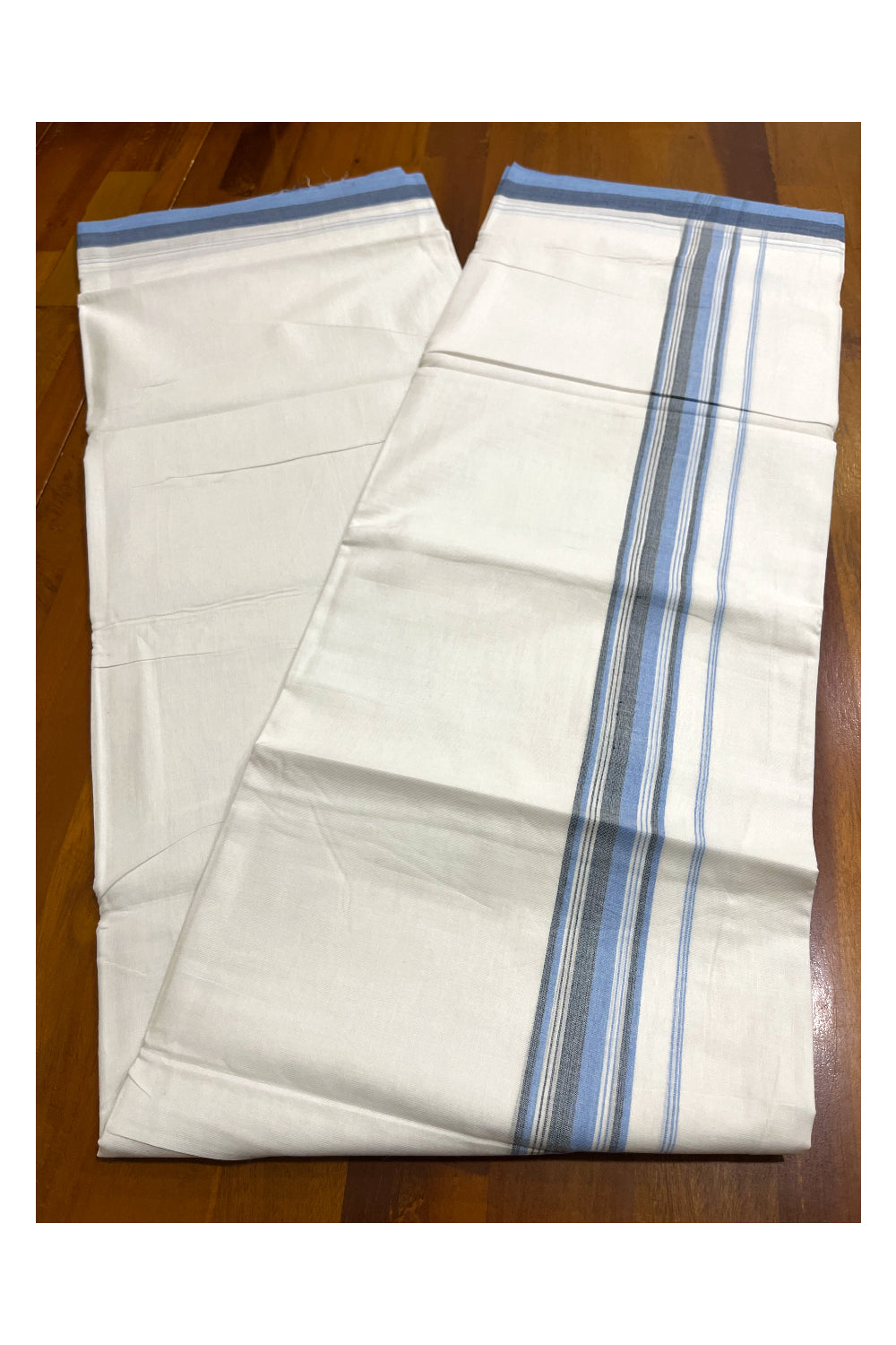 Pure White Cotton Kerala Double Mundu with Blue Border (South Indian Kerala Dhoti)