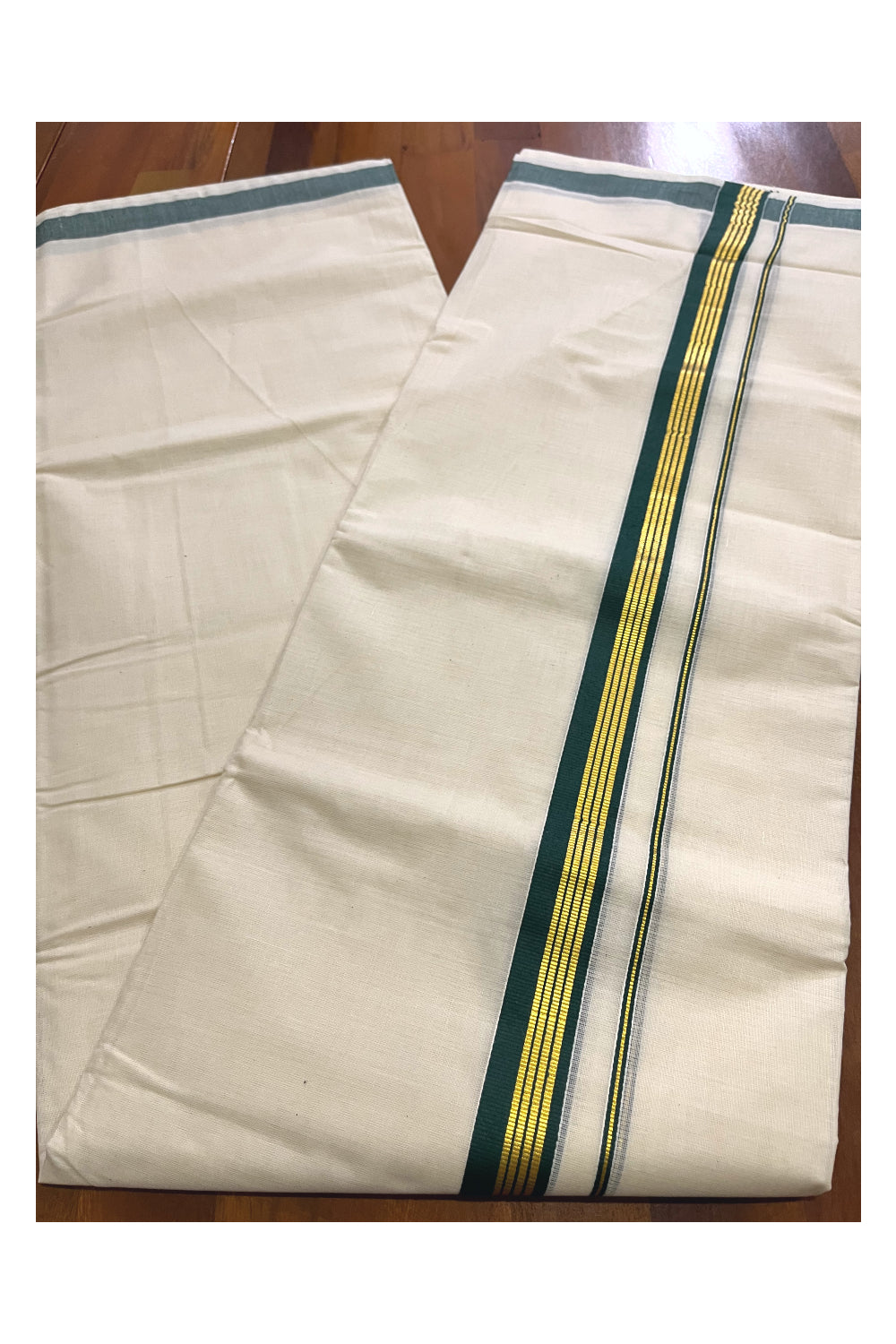 Off White Kerala Cotton Double Mundu with Kasavu and Green Border (South Indian Kerala Dhoti)