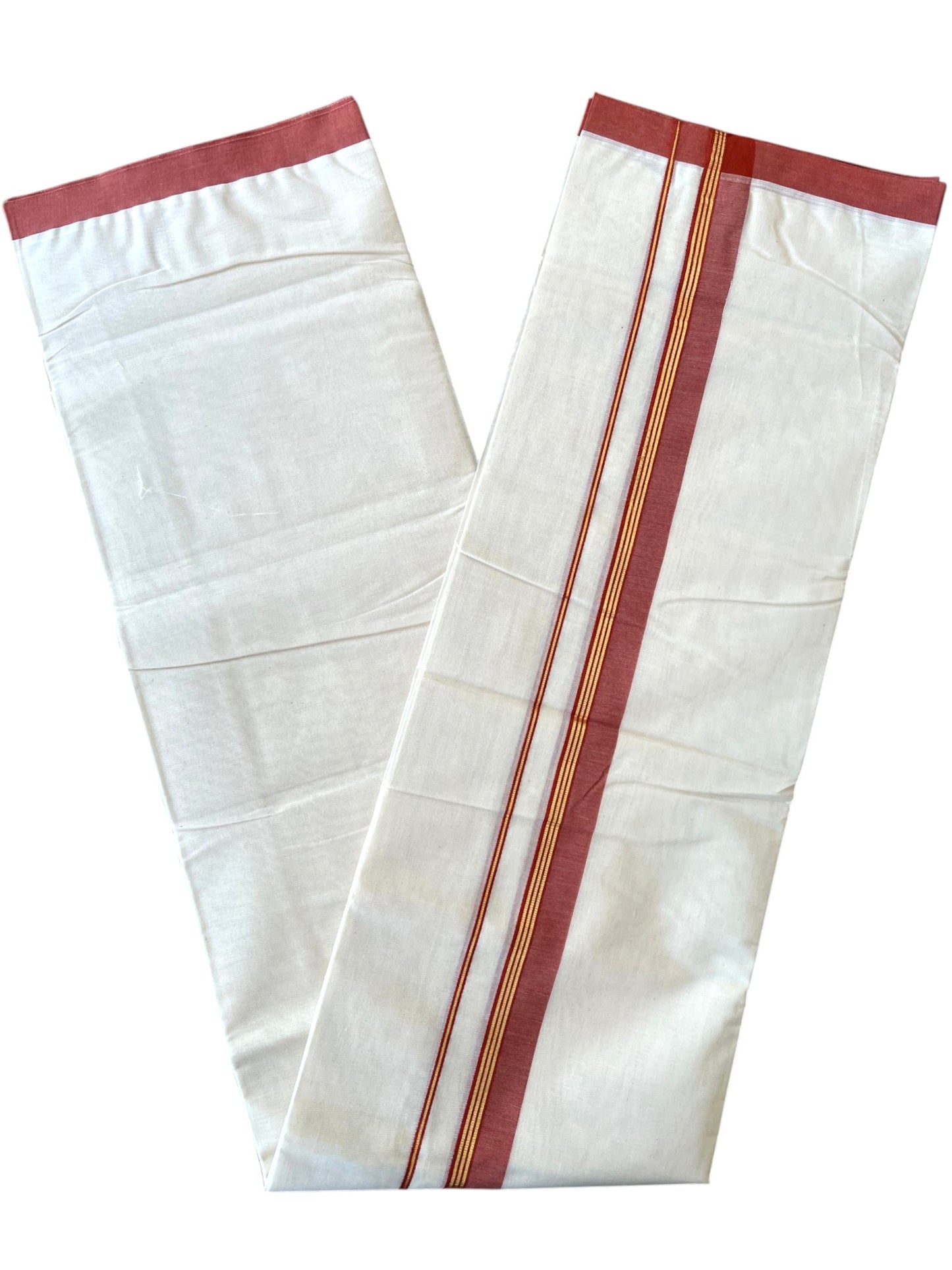Southloom Pure Cotton Mundu with Golden Lines and Red Border (South Indian Kerala Dhoti)