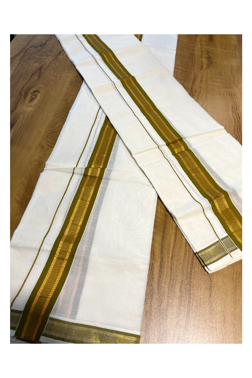 Kerala Cotton Set Mundu (Mundum Neriyathum) with Kasavu and Olive Green Border