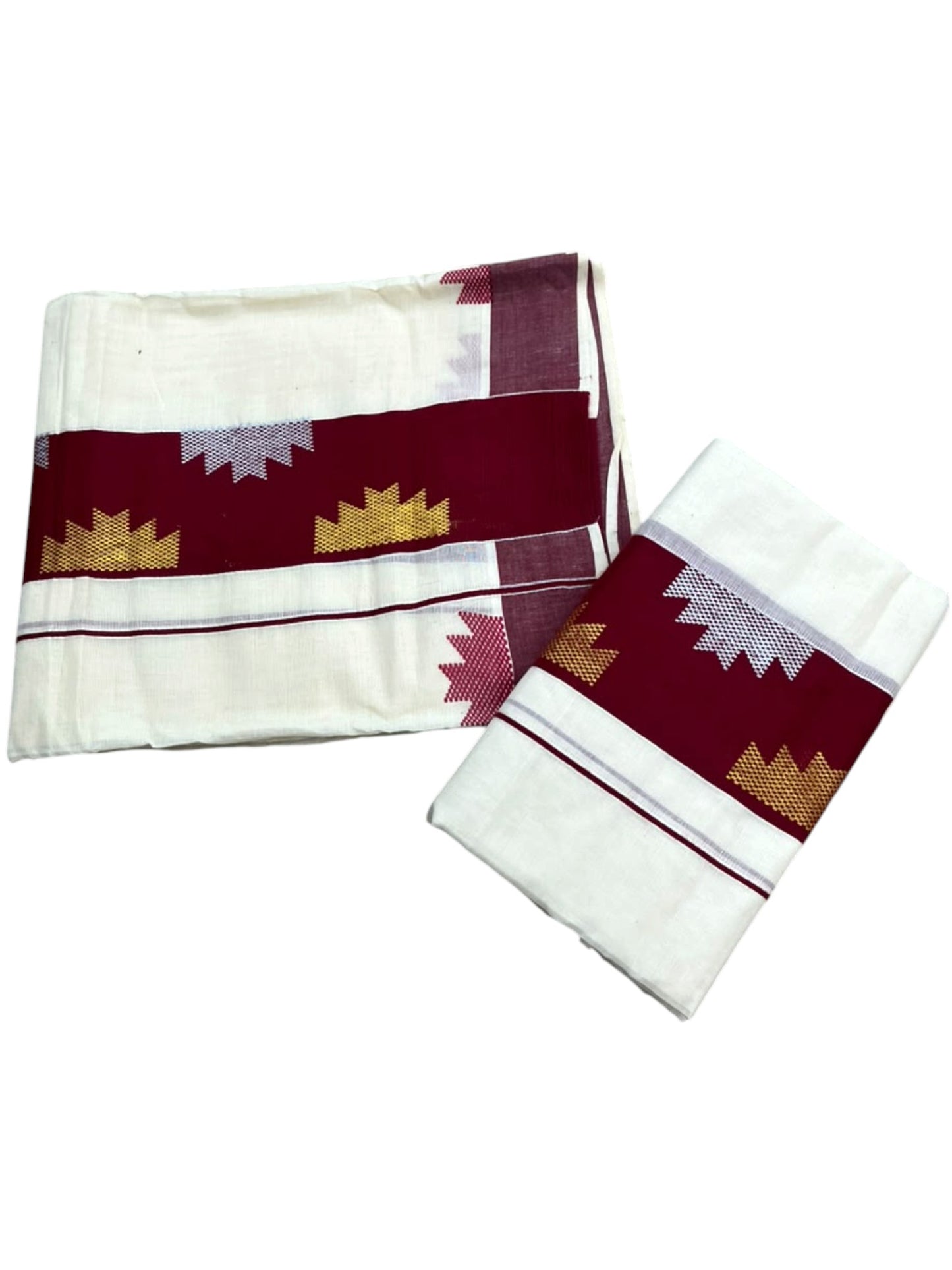 Southloom Pure Cotton Single Set Mundu (Mundum Neriyathum) Temple Design & Maroon Border
