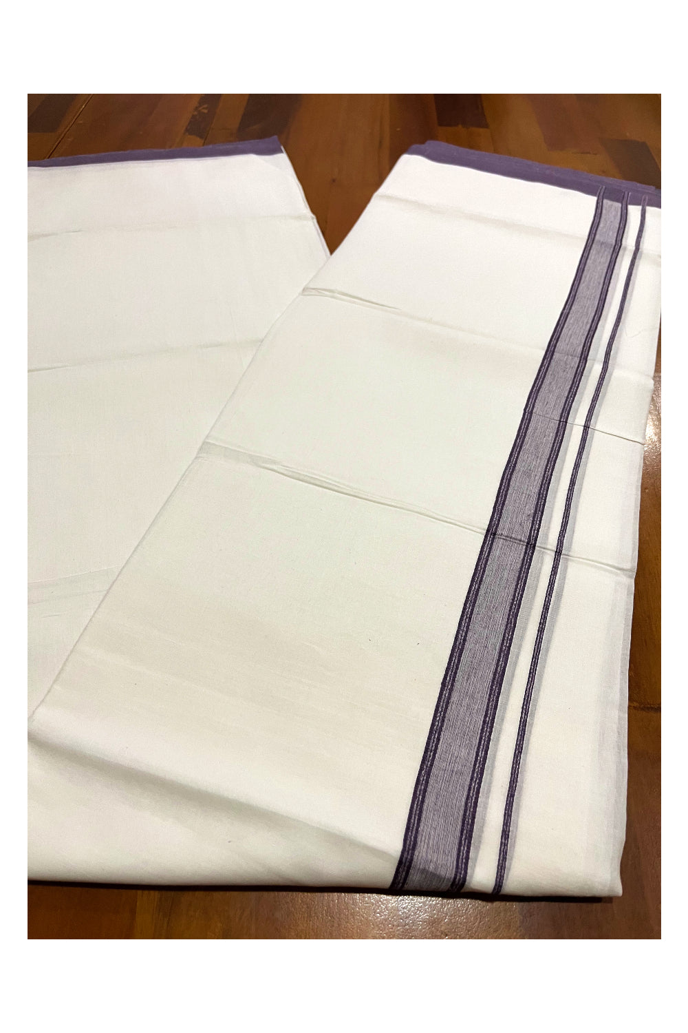 Pure White Cotton Double Mundu with Purple Border (South Indian Kerala Dhoti)