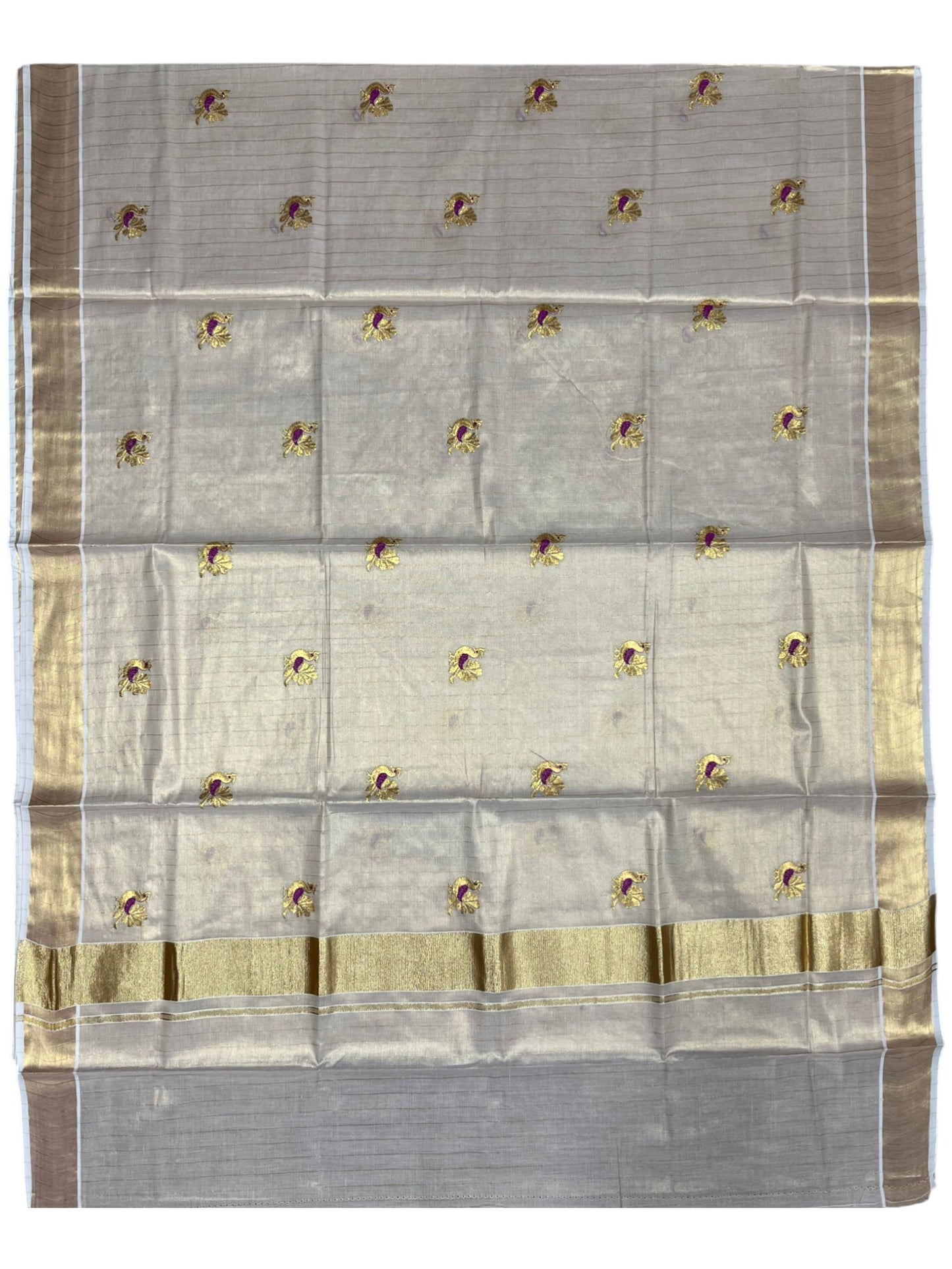 Southloom Tissue Kerala Kasavu Lines Saree with Peacock Embroidery Work on Body in Magenta