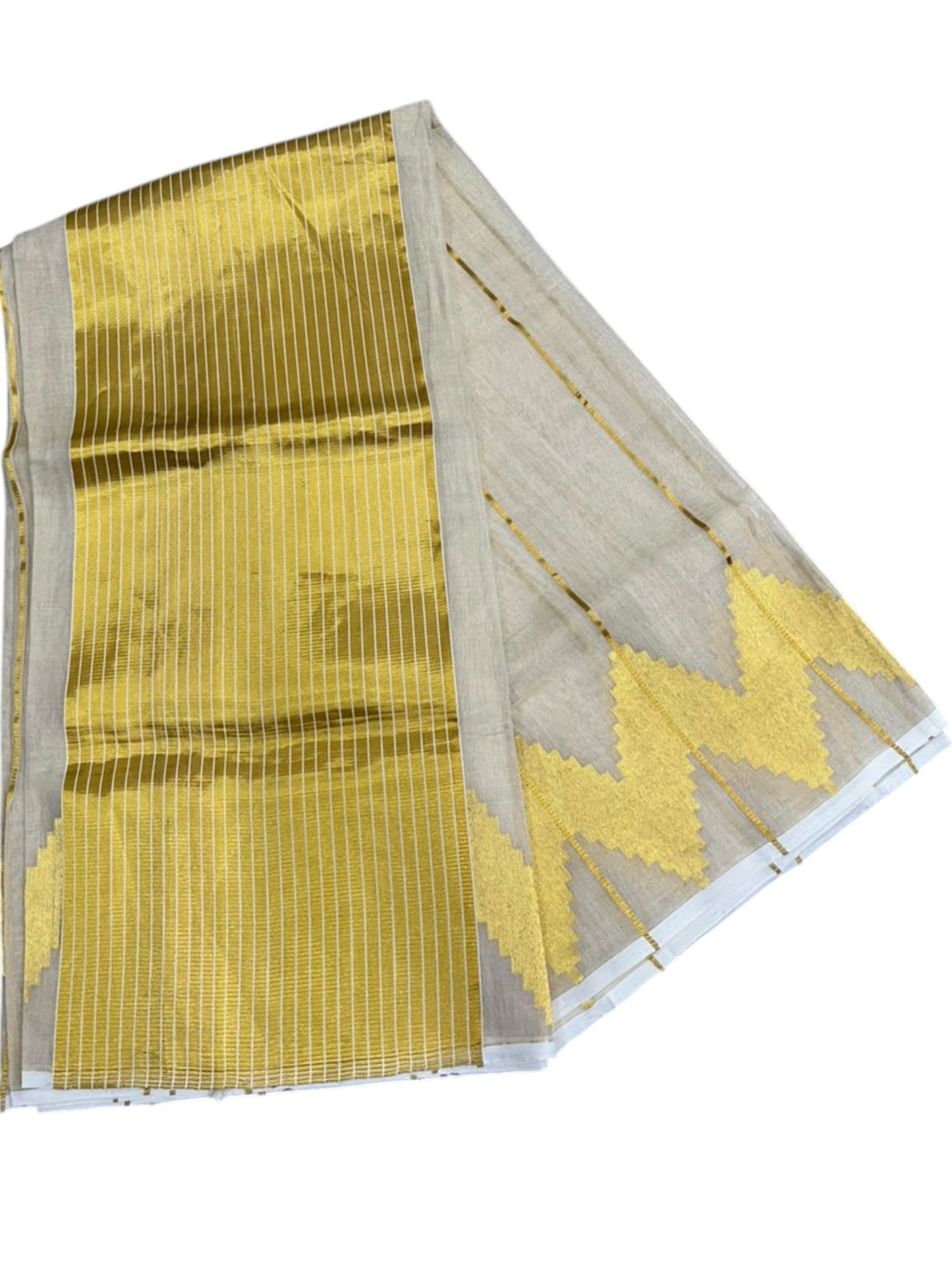 Southloom Super Premium Balaramapuram Handloom Tissue Stripes Saree with Gold Temple Kasavu on Border
