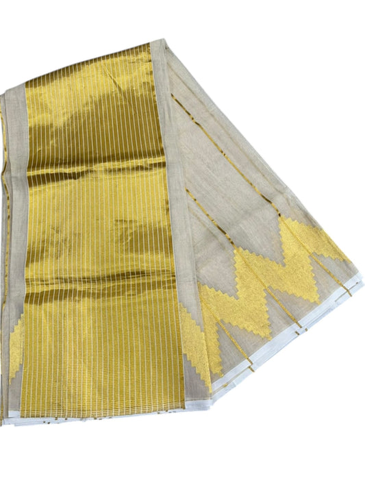 Southloom Super Premium Balaramapuram Handloom Tissue Stripes Saree with Gold Temple Kasavu on Border