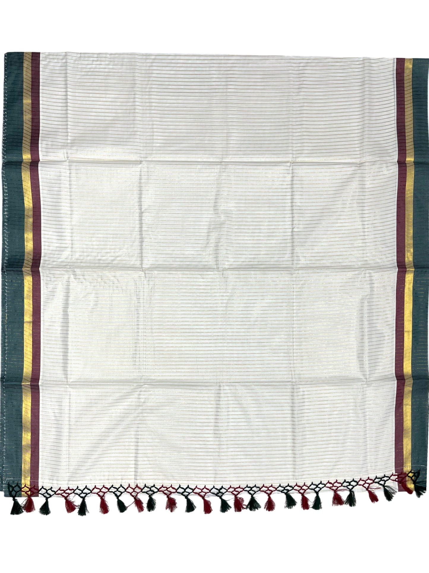 Southloom Cotton Kerala Kasavu Saree with Stripes on Body and Maroon &Green Border with Tussels (Copy)