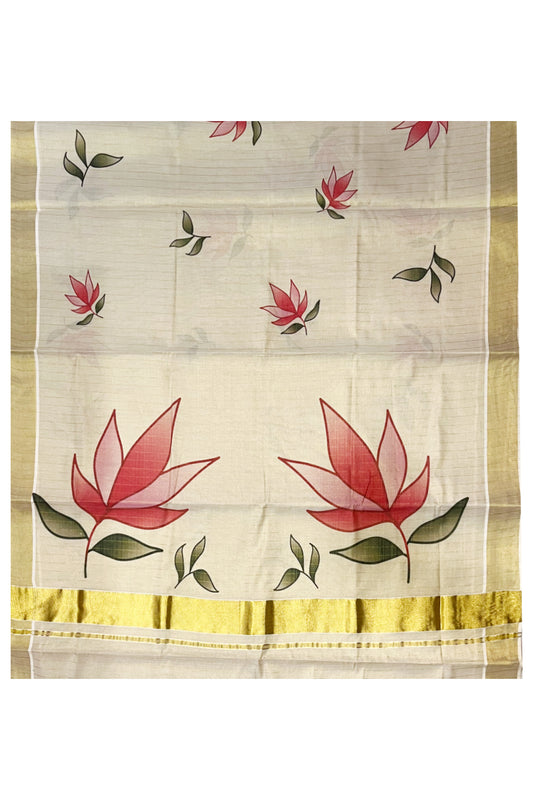Kerala Tissue Kasavu Lines Saree with Floral Block Prints on Border