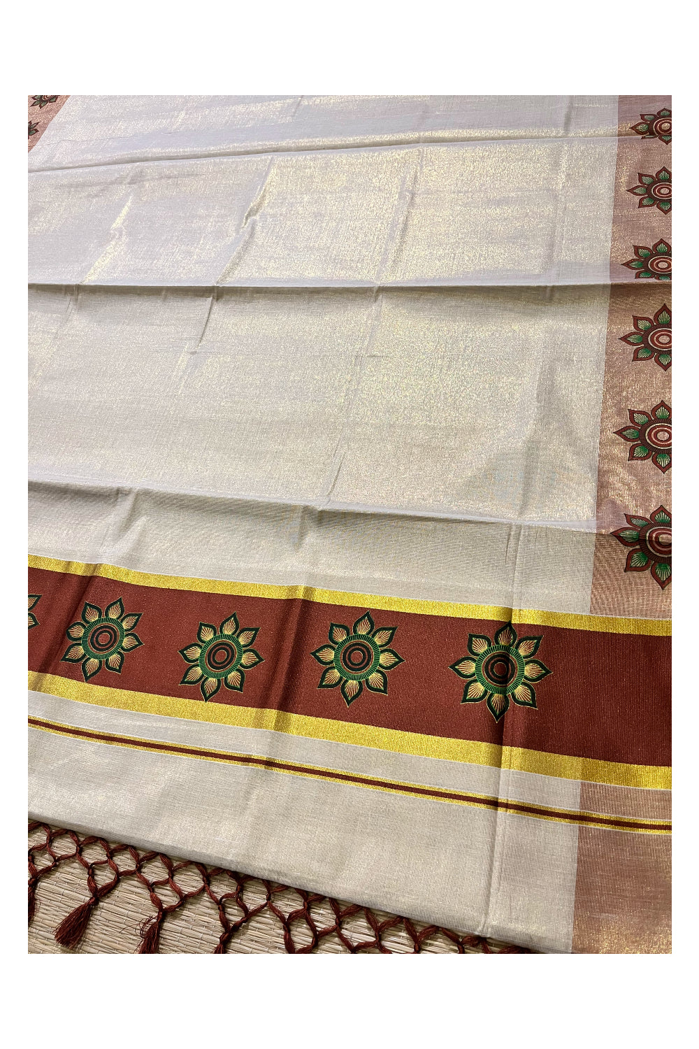 Kerala Tissue Kasavu Saree with Floral Block Prints in Brown Border (Onam 2024 Collection)