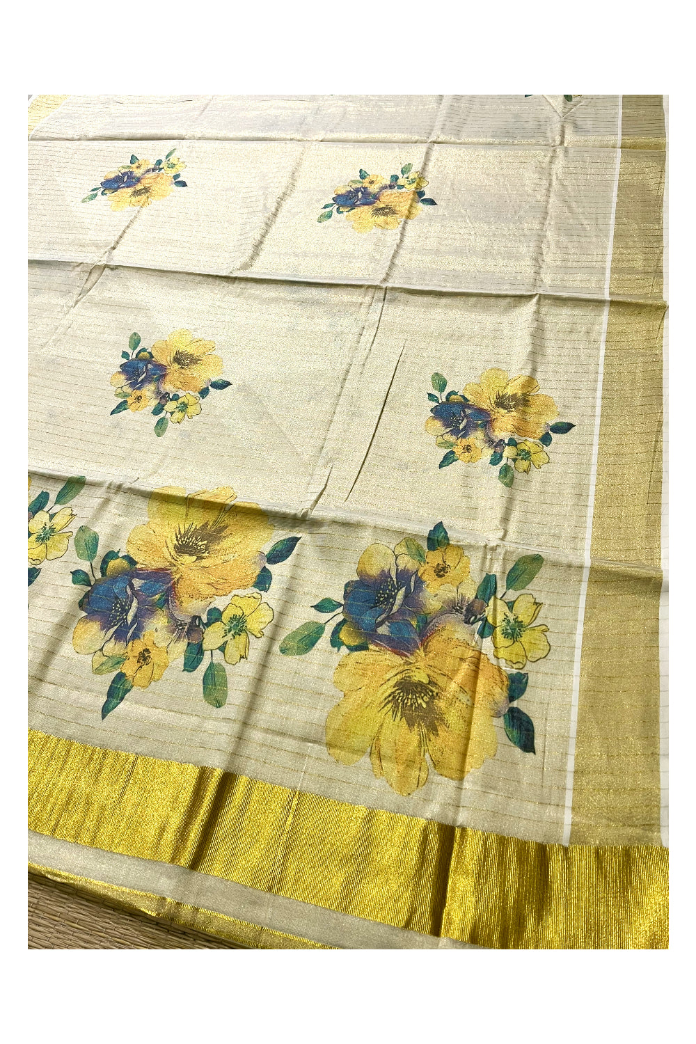 Kerala Tissue Kasavu Lines Design Saree with Floral Mural Prints on Body