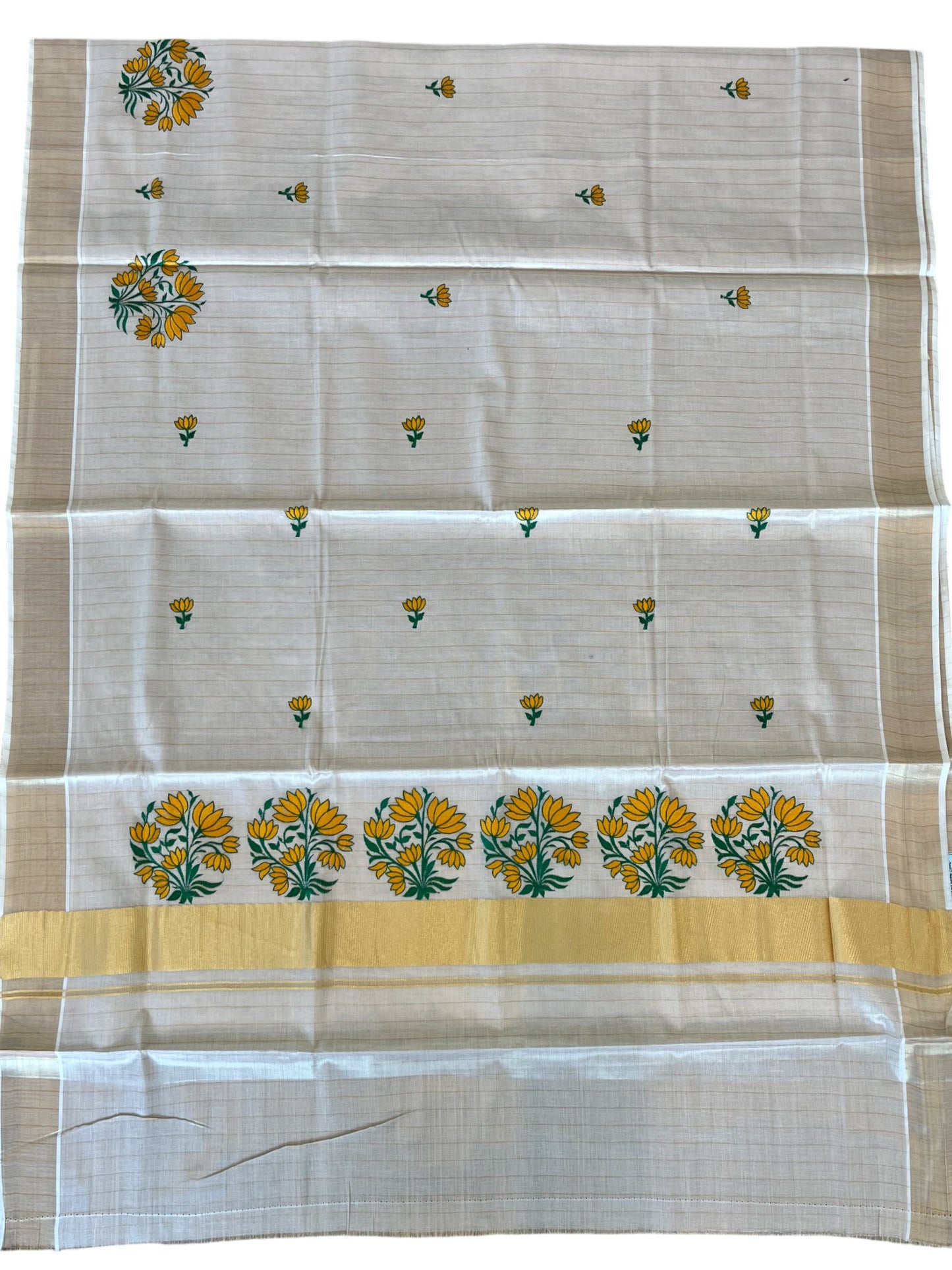 Southloom Kerala Tissue Stripes Kasavu Saree Yellow Floral Embroidery Design