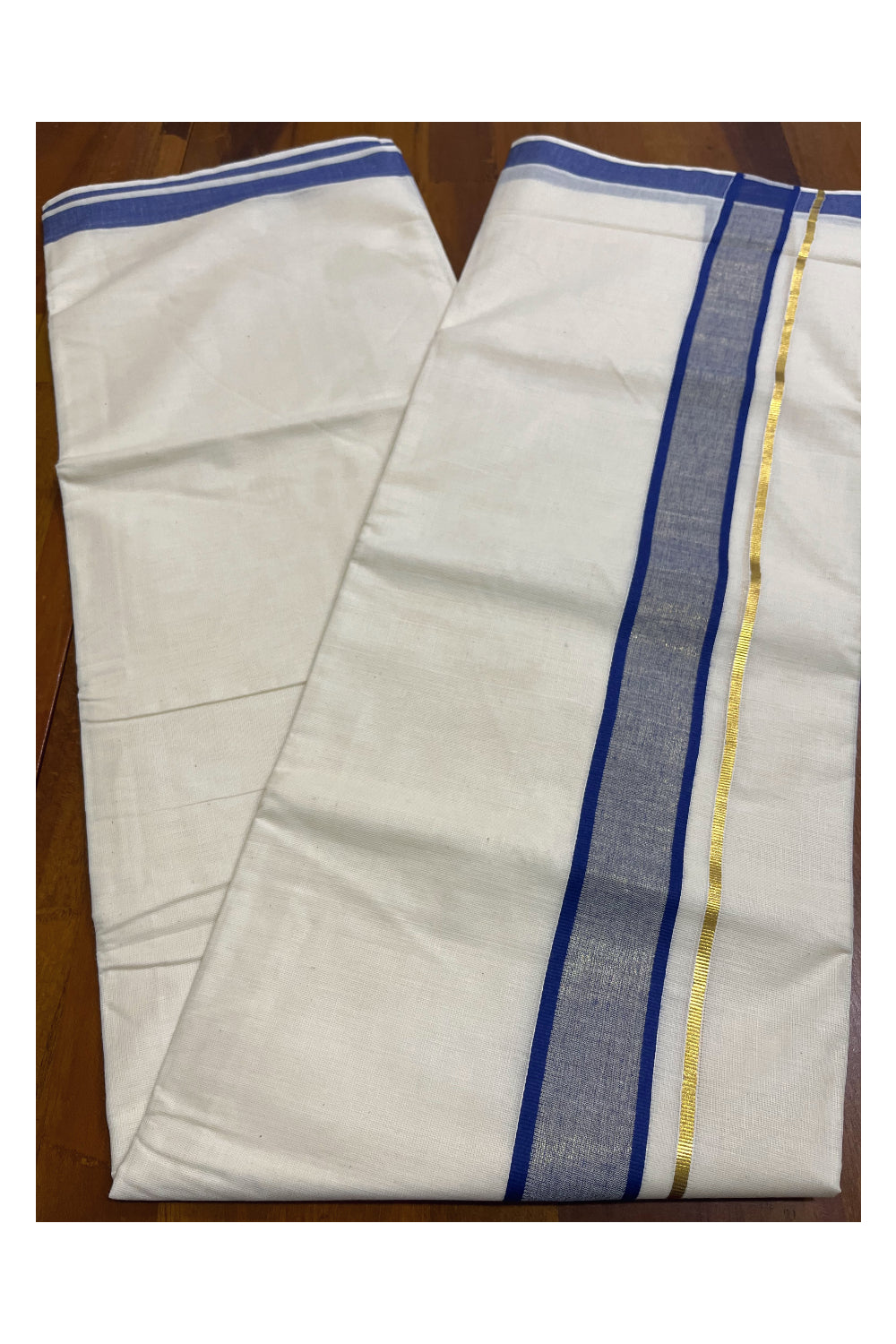 Kerala Pure Cotton Double Mundu with Dark Blue and Kasavu Border (South Indian Kerala Dhoti)