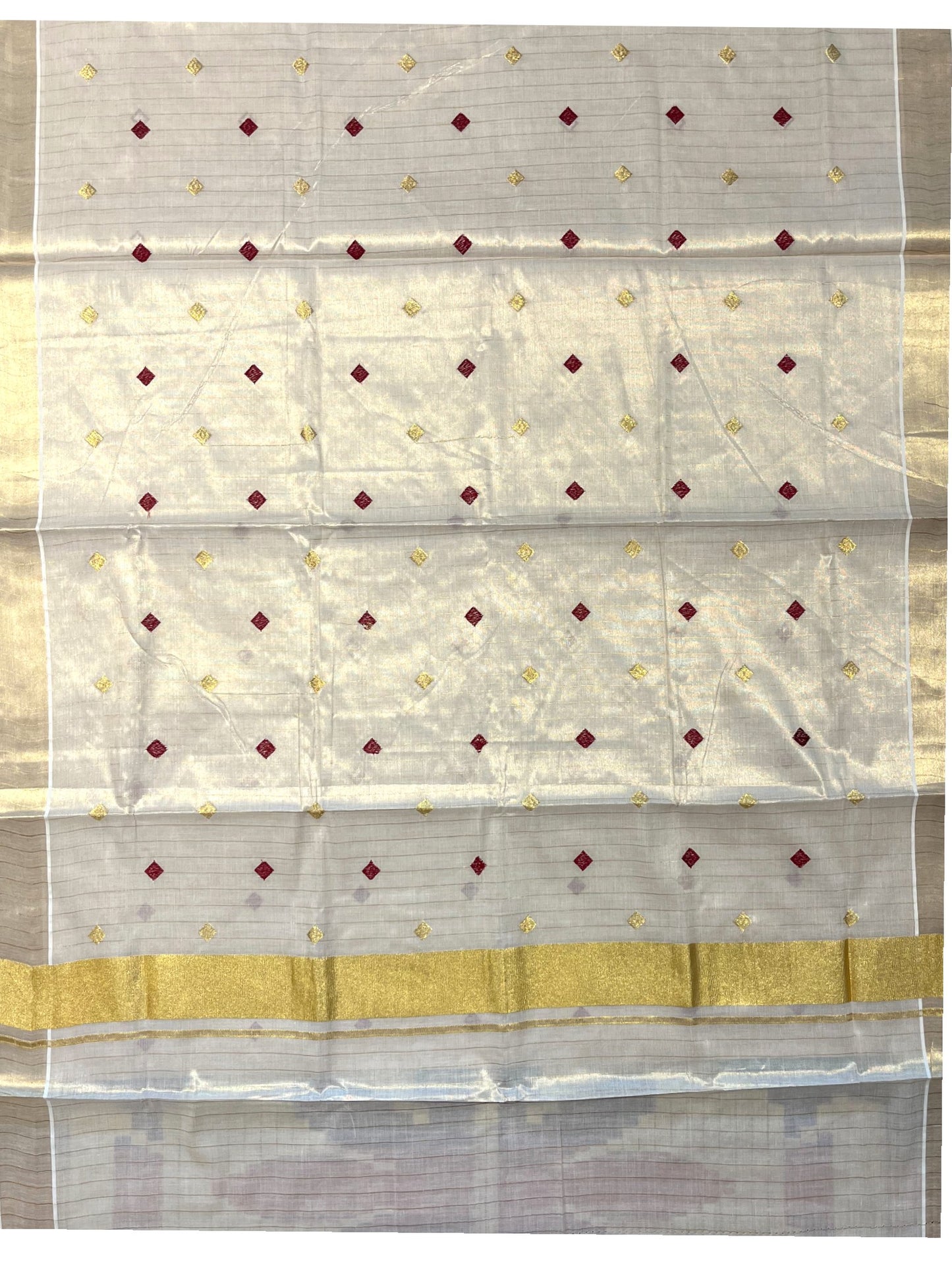 Southloom Kerala Tissue Kasavu Stripes Saree With Maroon Diagonal Embroidery on Body