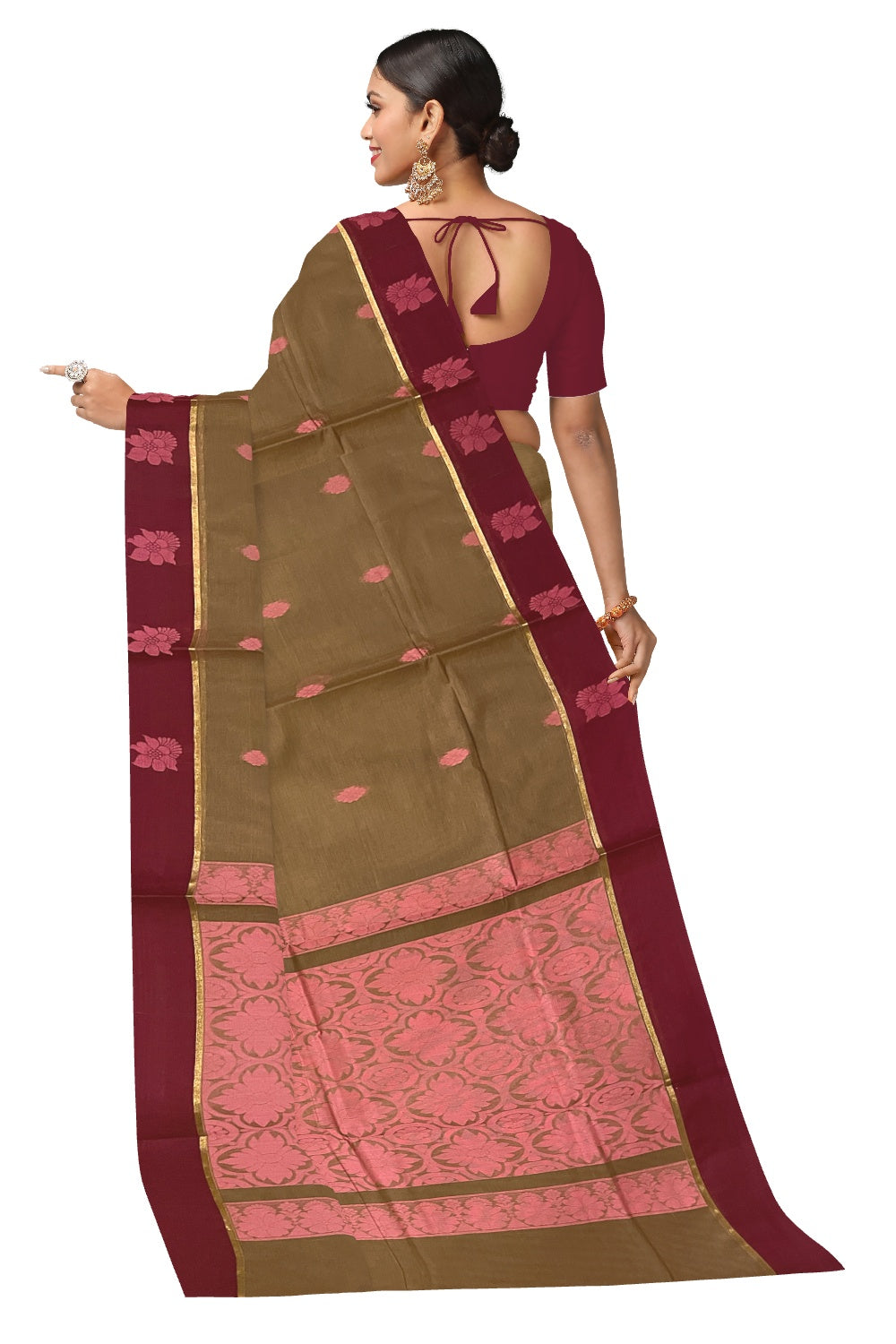 Southloom Cotton Brown Saree with Dark Red Floral Woven Border