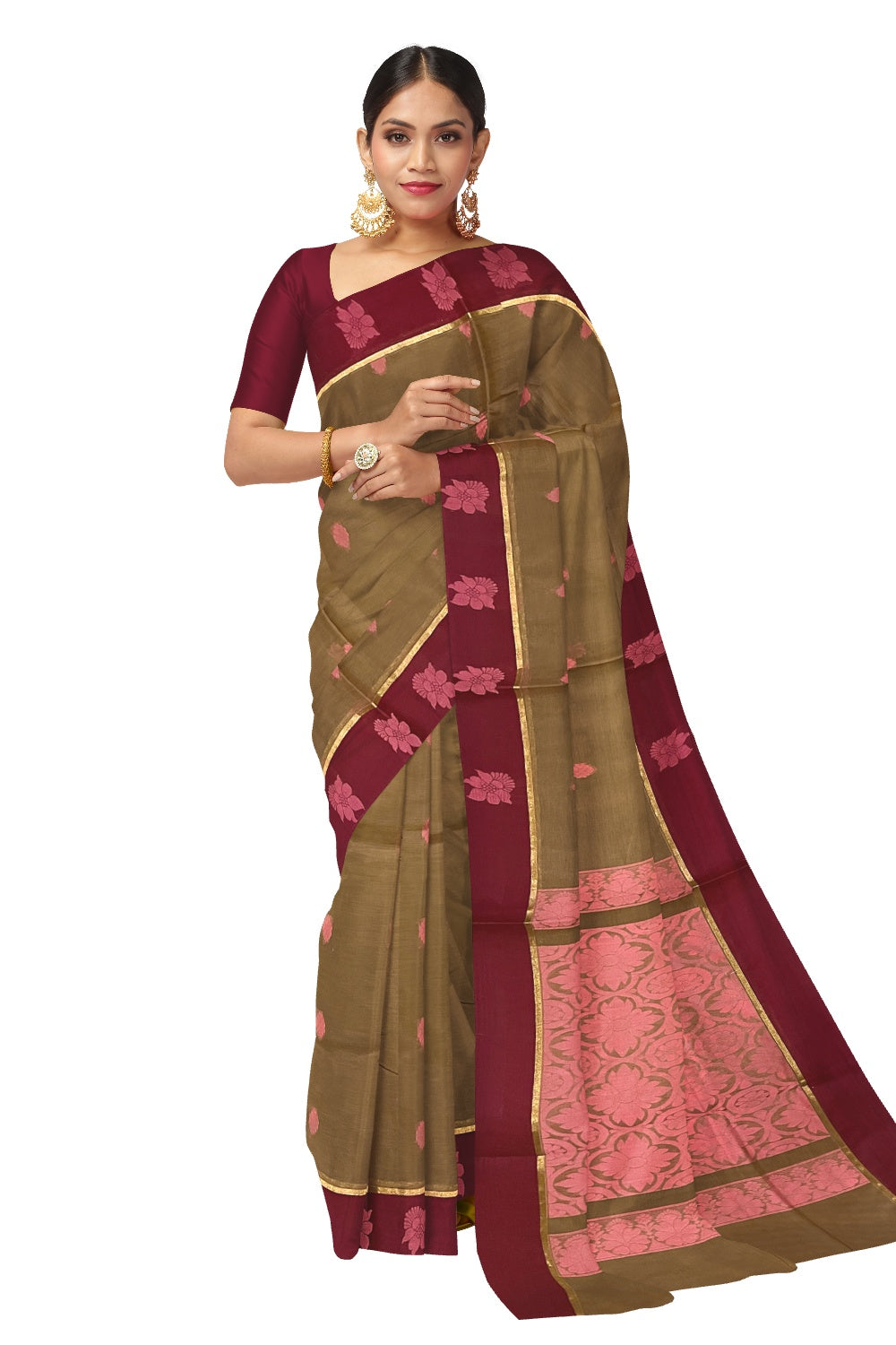 Southloom Cotton Brown Saree with Dark Red Floral Woven Border