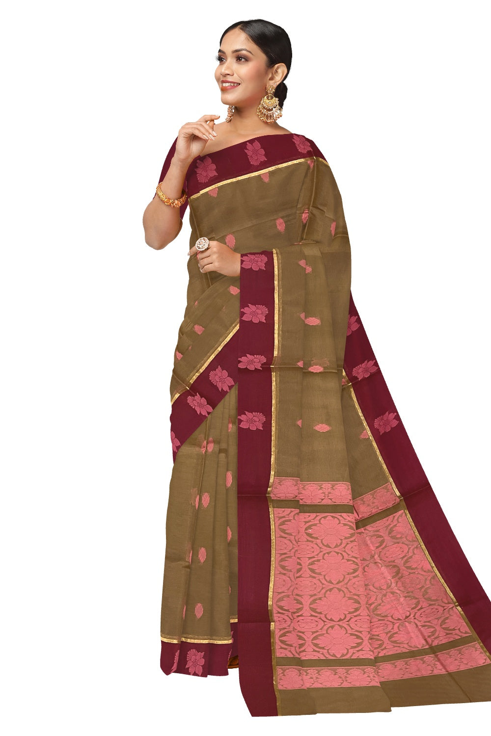 Southloom Cotton Brown Saree with Dark Red Floral Woven Border