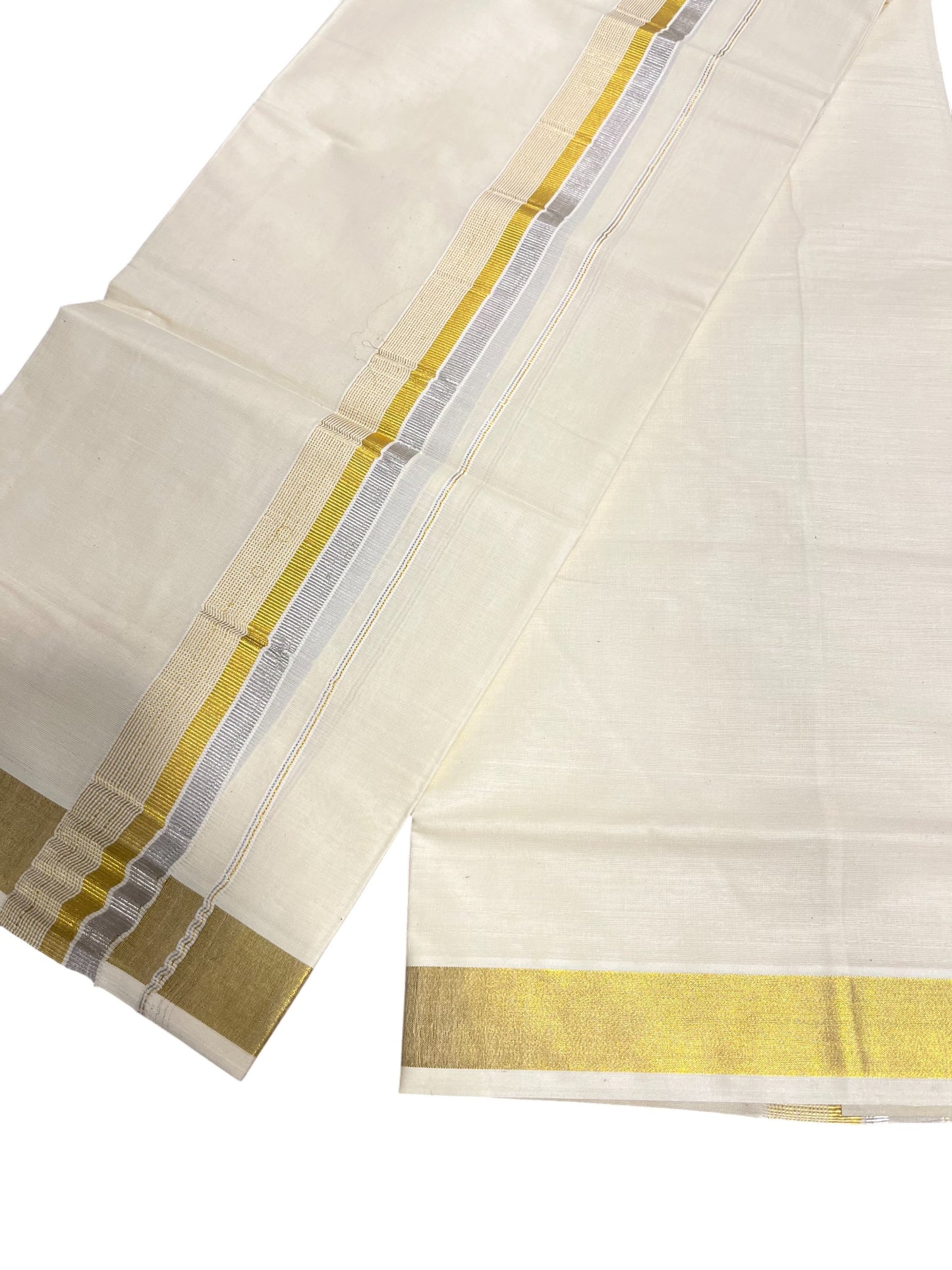 Southloom Kerala Pure Cotton Double Mundu with Silver Lines and Gold Border (South Indian Dhoti)