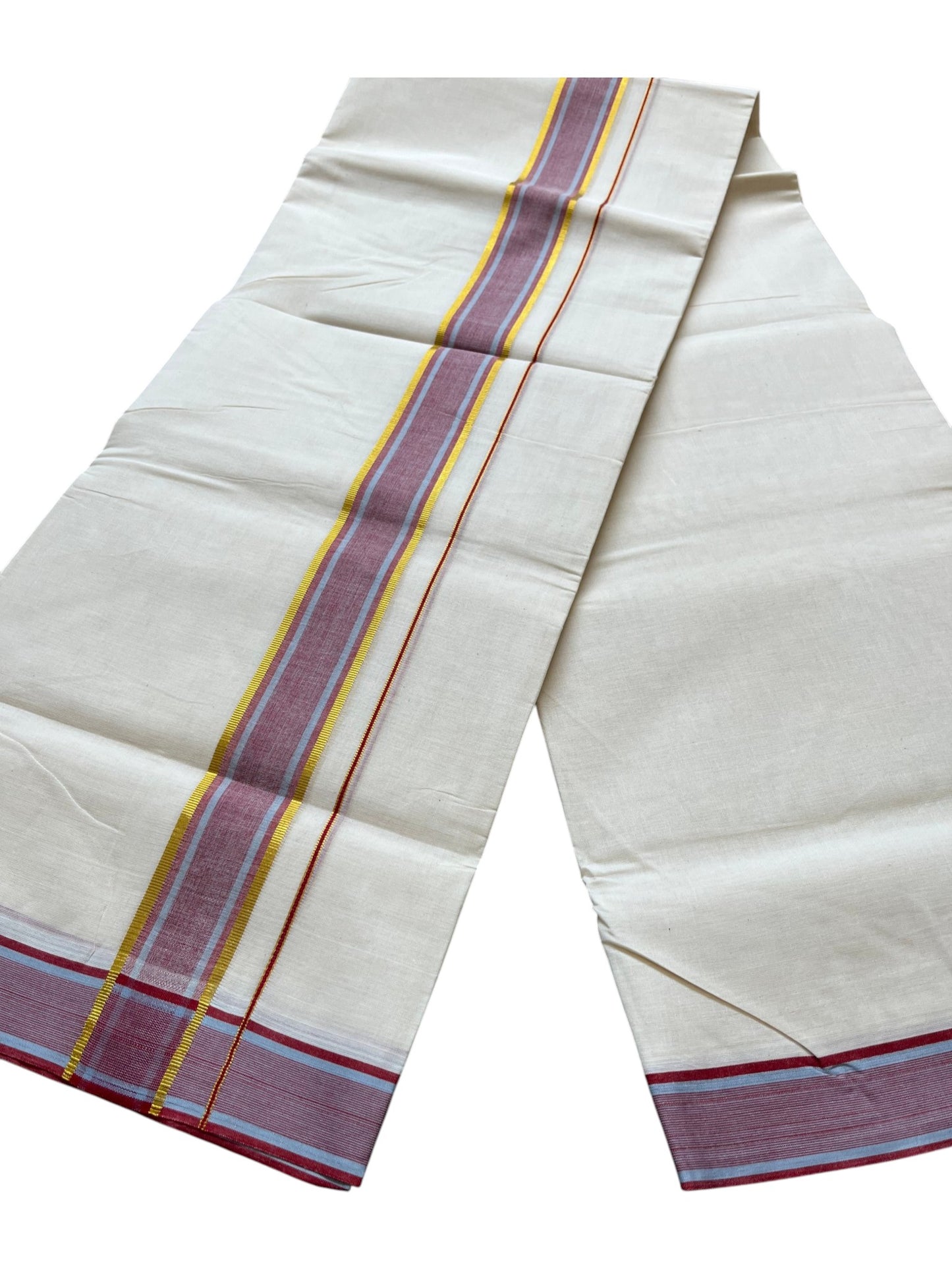 Southloom Pure Cotton Mundu with Golden Lines and Maroon Border (South Indian Kerala Dhoti)